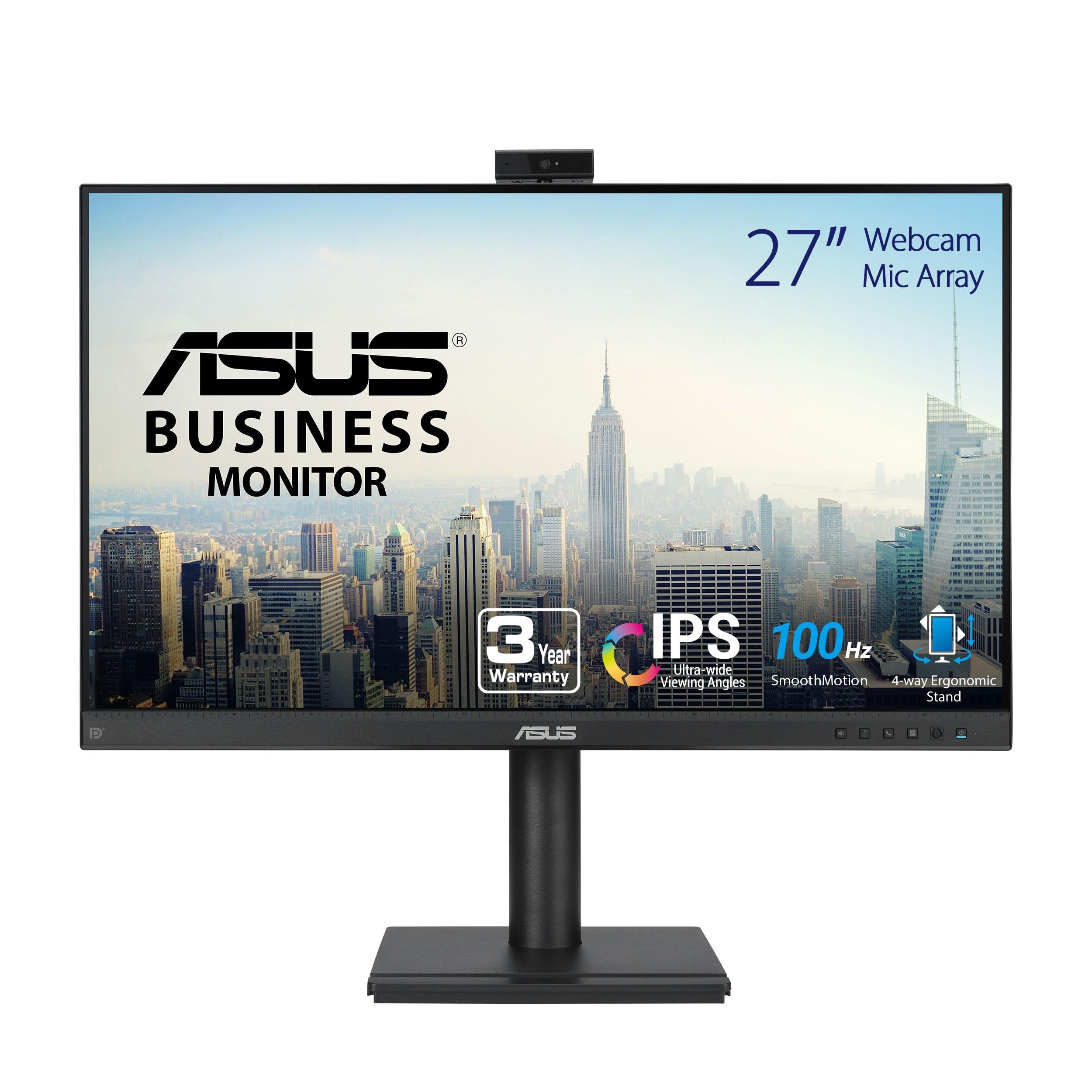 ASUS Moniteur de vidéoconférence 27" 1080p (BE279QFK) - Full HD, IPS, 100 Hz, sans Cadre, Webcam intégrée, réseau de micros, Haut-Parleur, Hauteur réglable, Design Ergonomique, Soin des Yeux, Montage