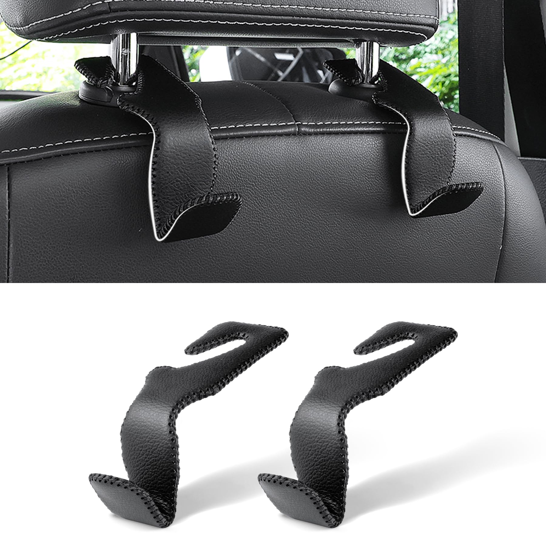 LivTee Black Superior Leather Car Seat Back Headrest Hooks, Car Hook Hangers Interior Accessories for Purse Coats Umbrellas Grocery Bags Handbag, 2-Pack