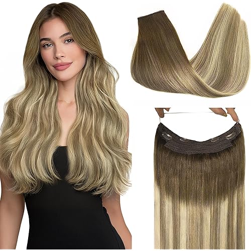 GOO GOO Wire Hair Extensions Human Hair, 3/8/613 Walnut Brown with Ash Brown and Bleach Blonde Balayage 18inch 95g, Invisible Wire Hair Extensions with Transparent, Seamless Fish Line Hairpiece