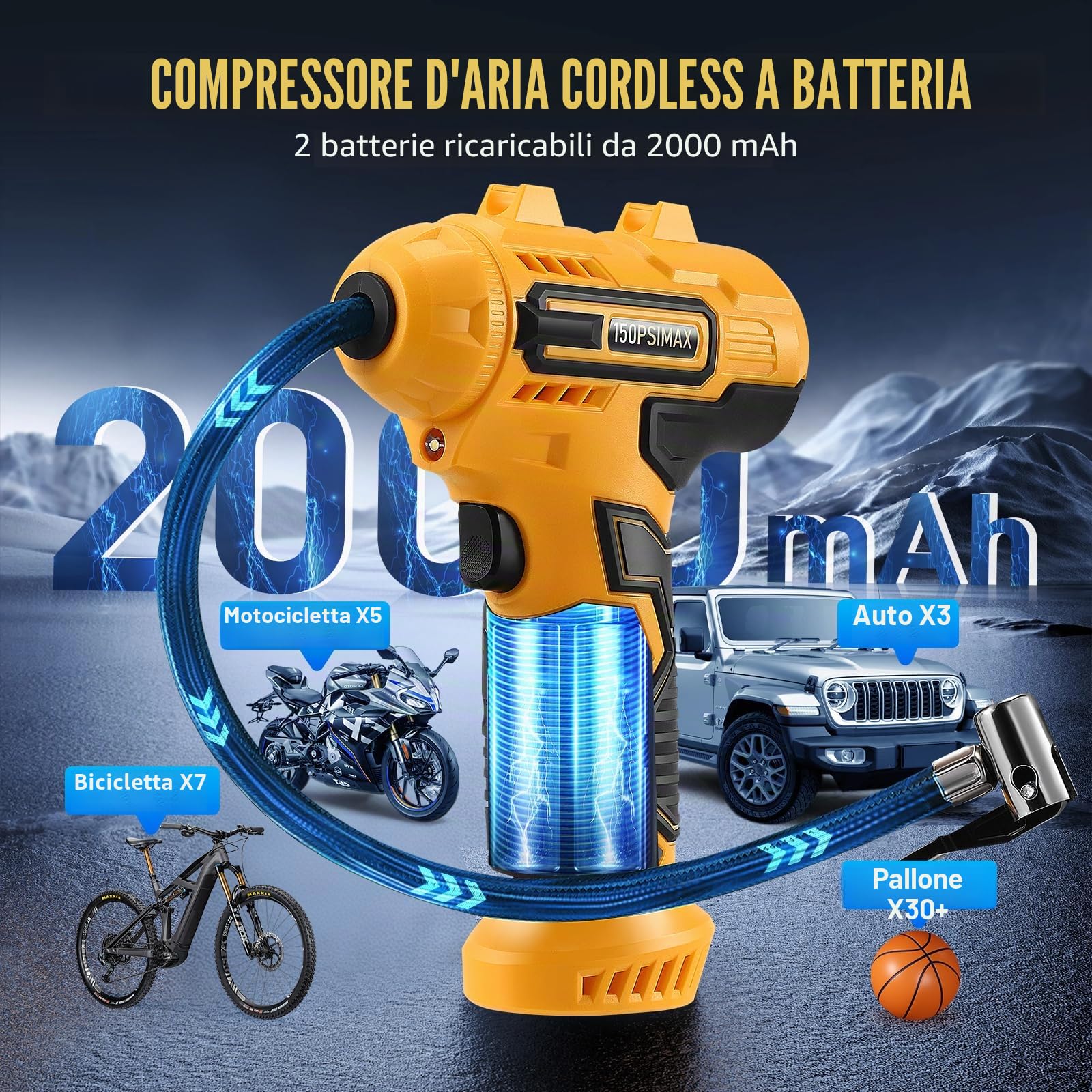 Pompa ad Aria Elettrica Compressore a Batteria per Bicicletta, Portatile, Display Digitale, Spegnimento Automatico, USB-C