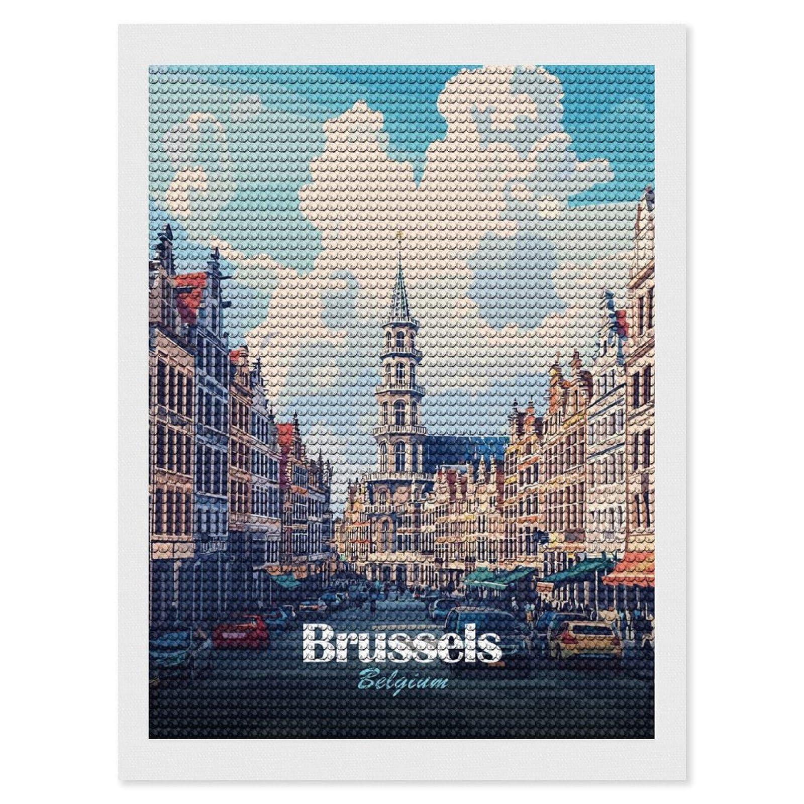 Junmoney Brussels, Belgium Cityscape Illustration(2) Diamond Art Kit 12"x16", Modern Decor, Farmhouse Decor, Home Wall Art, Festive Craft Gift, Handmade Wall Decor