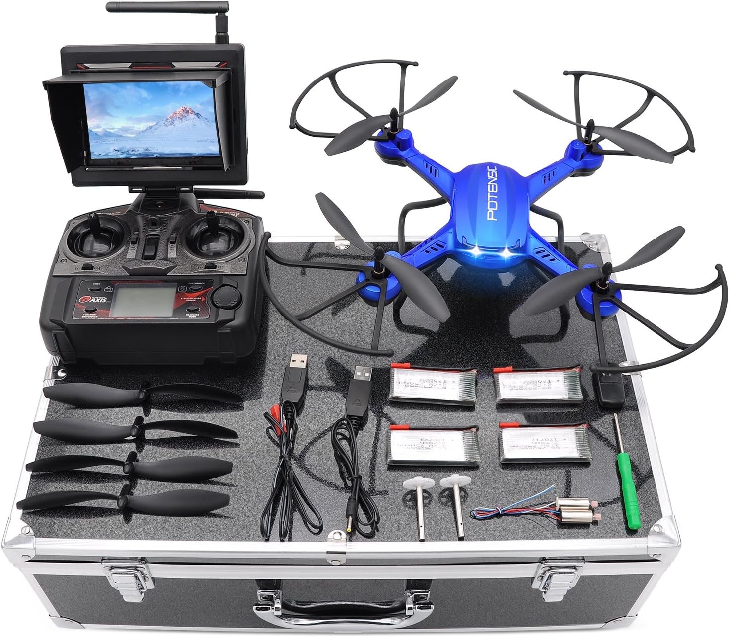Onе-Dау Sаlе: Uр tо 60% оƒƒ Potensic Drone with HD Camera, F181DH RC Drone Quadcopter RTF Altitude Hold UFO with Stepless-Speed Function, 2MP Camera& 5.8Ghz FPV LCD Screen Monitor & Drone Carrying Case - Blue