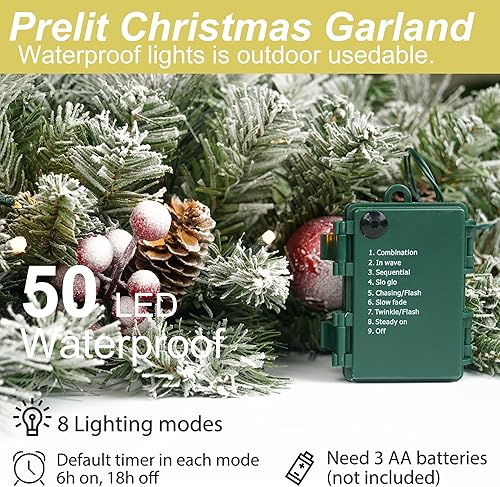 Miniatura 4 de Guirnalda de Navidad flocada de 9 pies con 50 luces, decoración de Navidad con cono de pino, bolas rojas y bayas, temporizador de 50 luces para