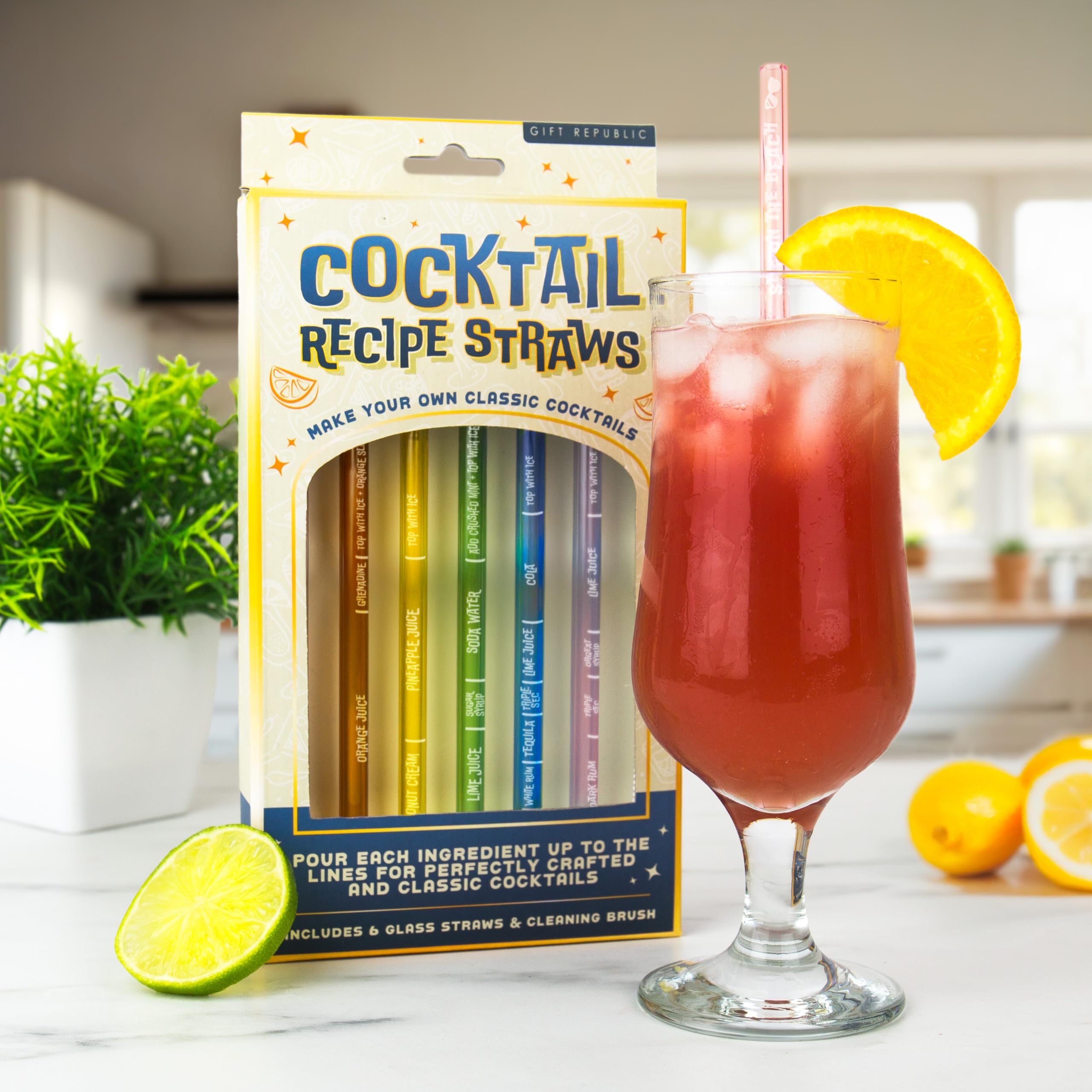 Gift Republic Cocktail Recipe Straws – Pack of 6 Reusable Glass Straws with Classic Cocktail Measurements – Includes Cleaning Brush – Fun Mixology Gift for Parties & Home Bars