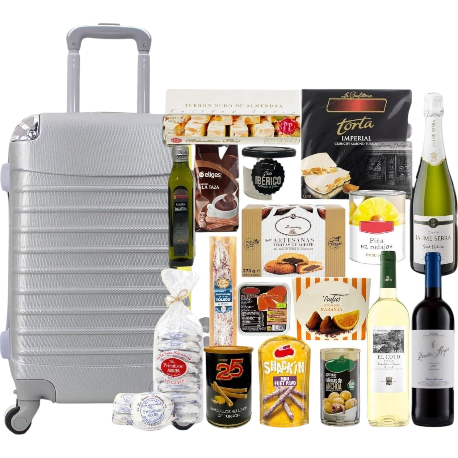 Cesta de Navidad Lote navideño Gourmet con Maleta Trolley Equipaje de Mano 4 Ruedas giratorias 26 articulos Total (Gris)