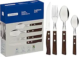 Faqueiro 24 Peças Tradicional Sortidos com Laminas de Aço Inox e Cabos de Madeira, Tramontina, Tradicional 22299050, Natural