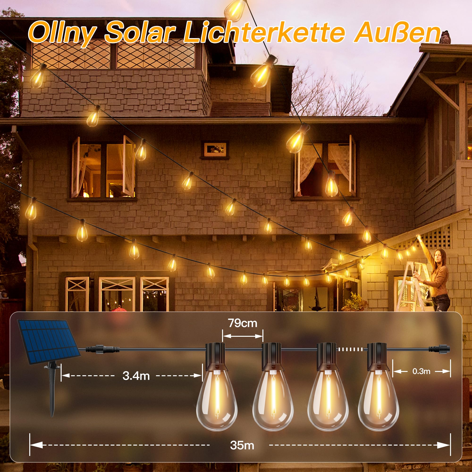 Ollny Cadena de luces solares para exteriores, 30 m, 35 + 2 bombillas LED, funciona con energía solar, S11, iluminación exterior con mando a distancia, 3 modos, función de temporizador, IP65