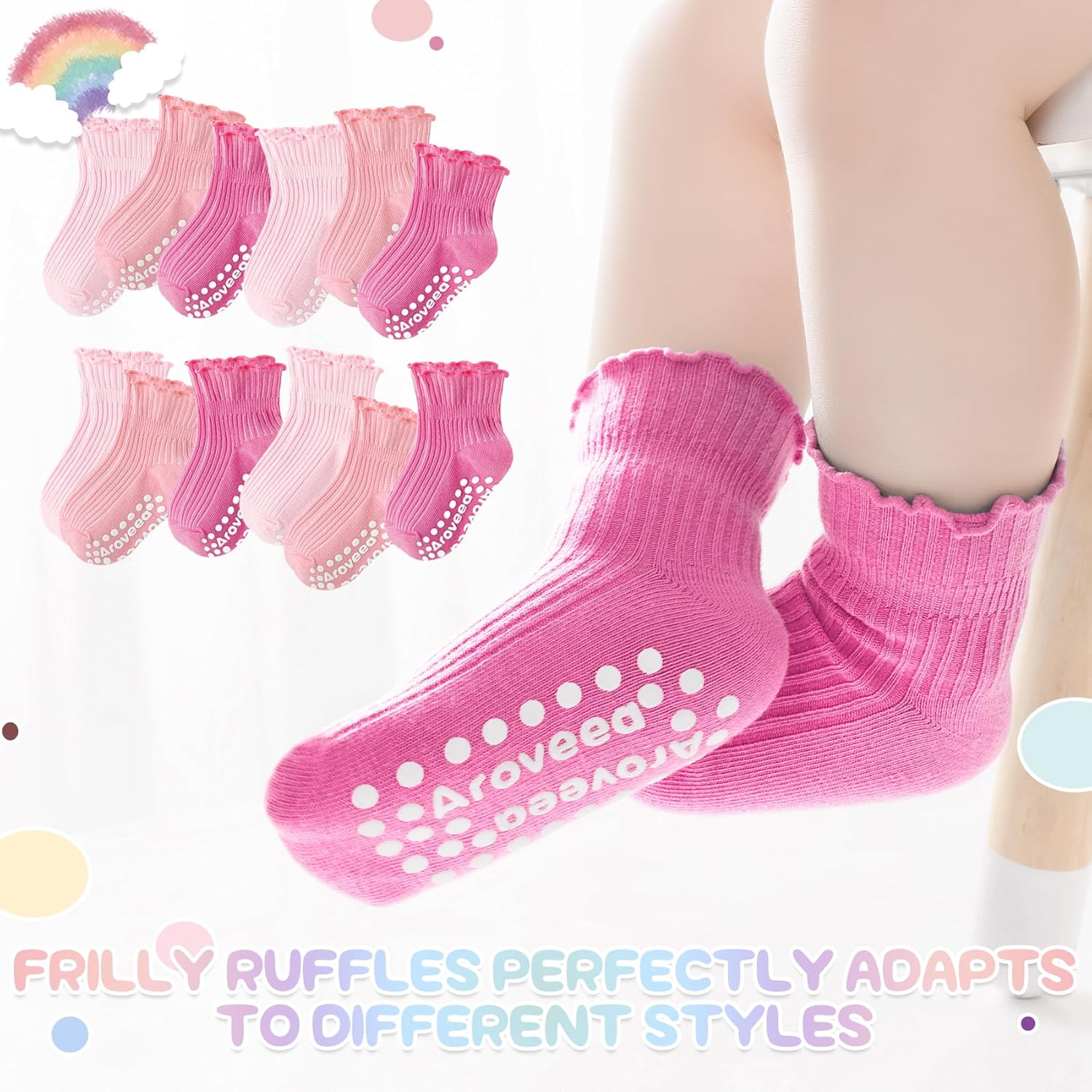 Baby Toddler Girls Socks Grip Ruffle Non Slip Girls Cotton 12 Pack Socks for Kids Cute Ankle 6M-7Years - Image 6
