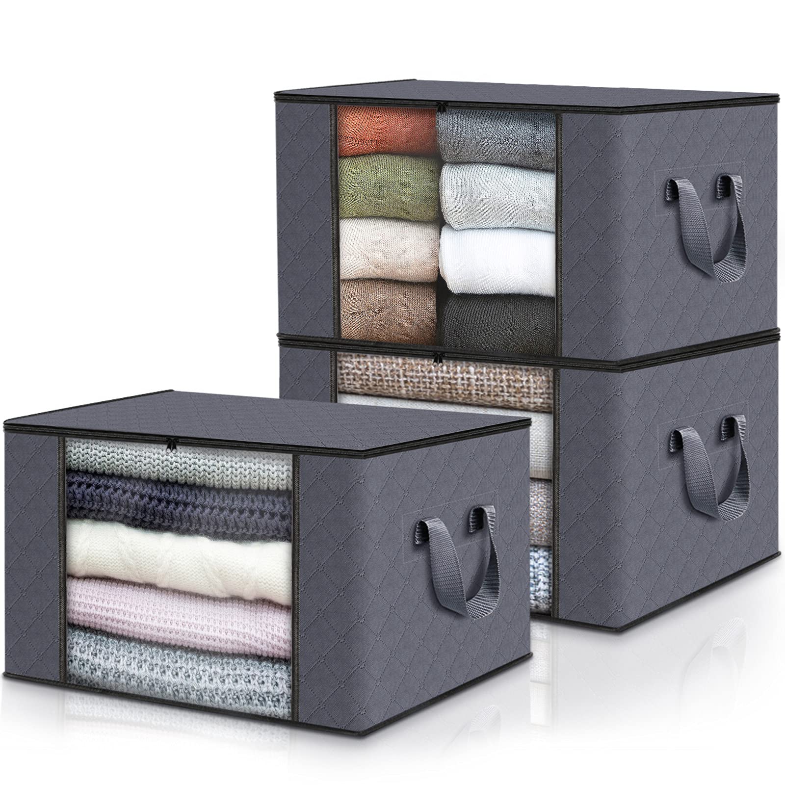 Fab totes3-Pack Clothes Storage, Foldable Blanket Storage Bags, Storage Containers for Organizing Bedroom, Closet, Clothing, Comforter, Organization and Storage with Lids and Handle, Grey