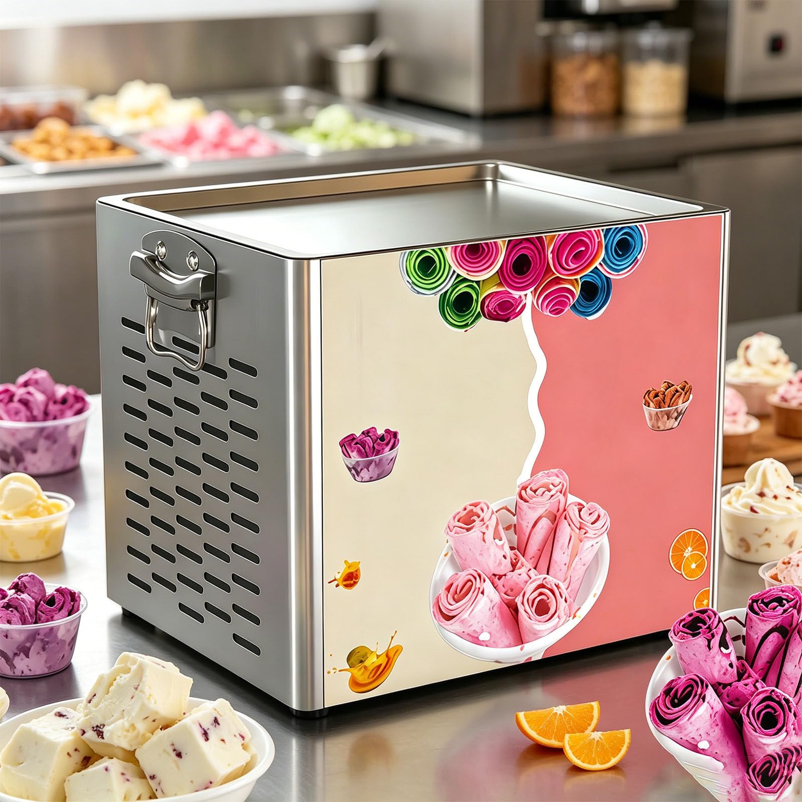 Eismaschine Für Zuhause Mit Kompressor, Soft EIS In Nur 3 Mins, One-Touch Bedienung, Vielfältige Sortenwechsel, Gesunde Selbstgemachte Ice Cream Rolls, 2 Spachteln
