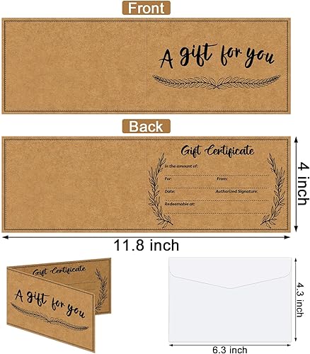 Miniatura 8 de 48 tarjetas de certificado de papel kraft en blanco con 48 sobres para salones de negocios, restaurantes, spa, Navidad, cumpleaños, 3.5 x 7 pulgadas