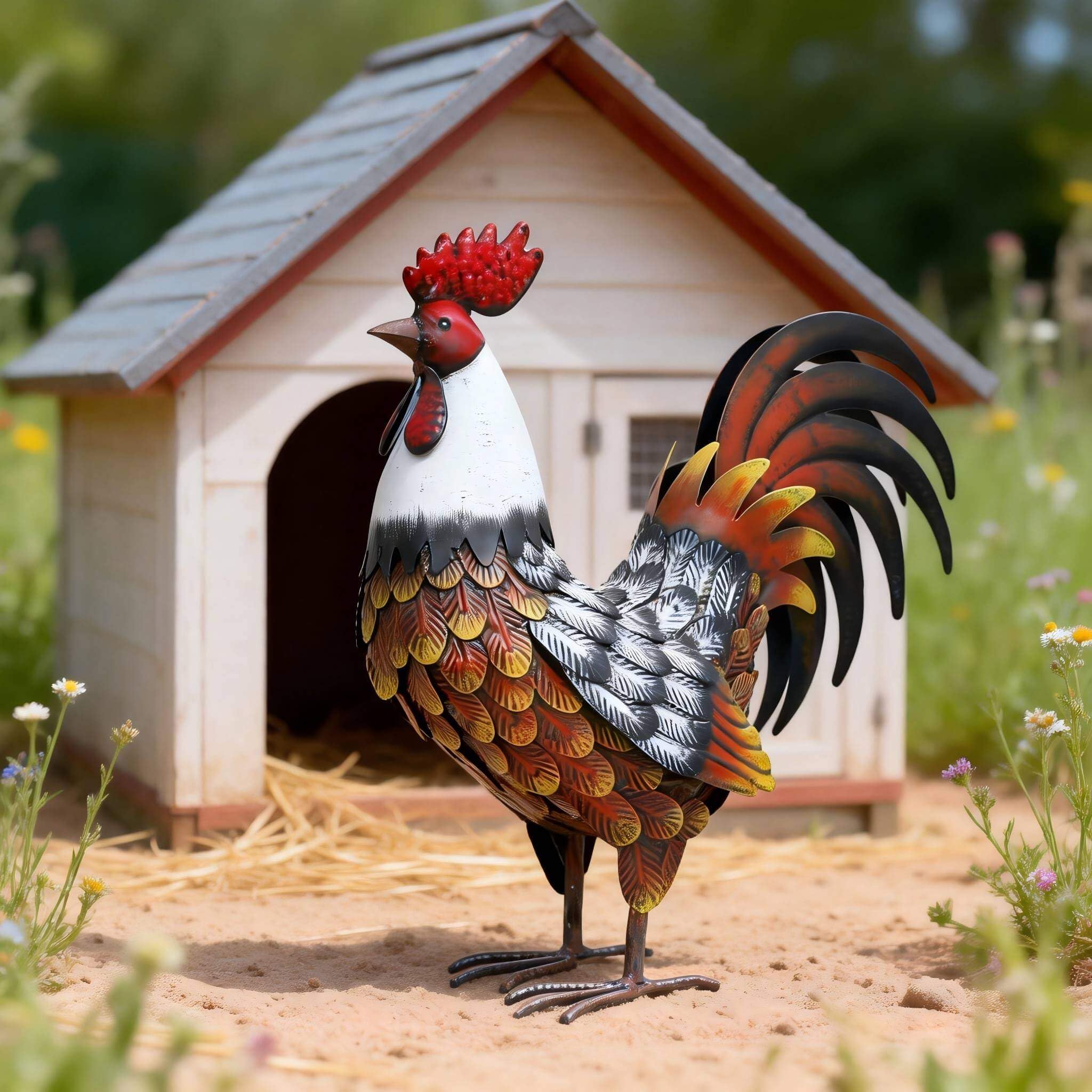 Kircust Garden Rooster Statues & Sculpture, Metal Chicken Animal Yard Art Lawn Ornament Figurines Artwork for Outdoor, Patio,Backyard and Home Kitchen Decoration