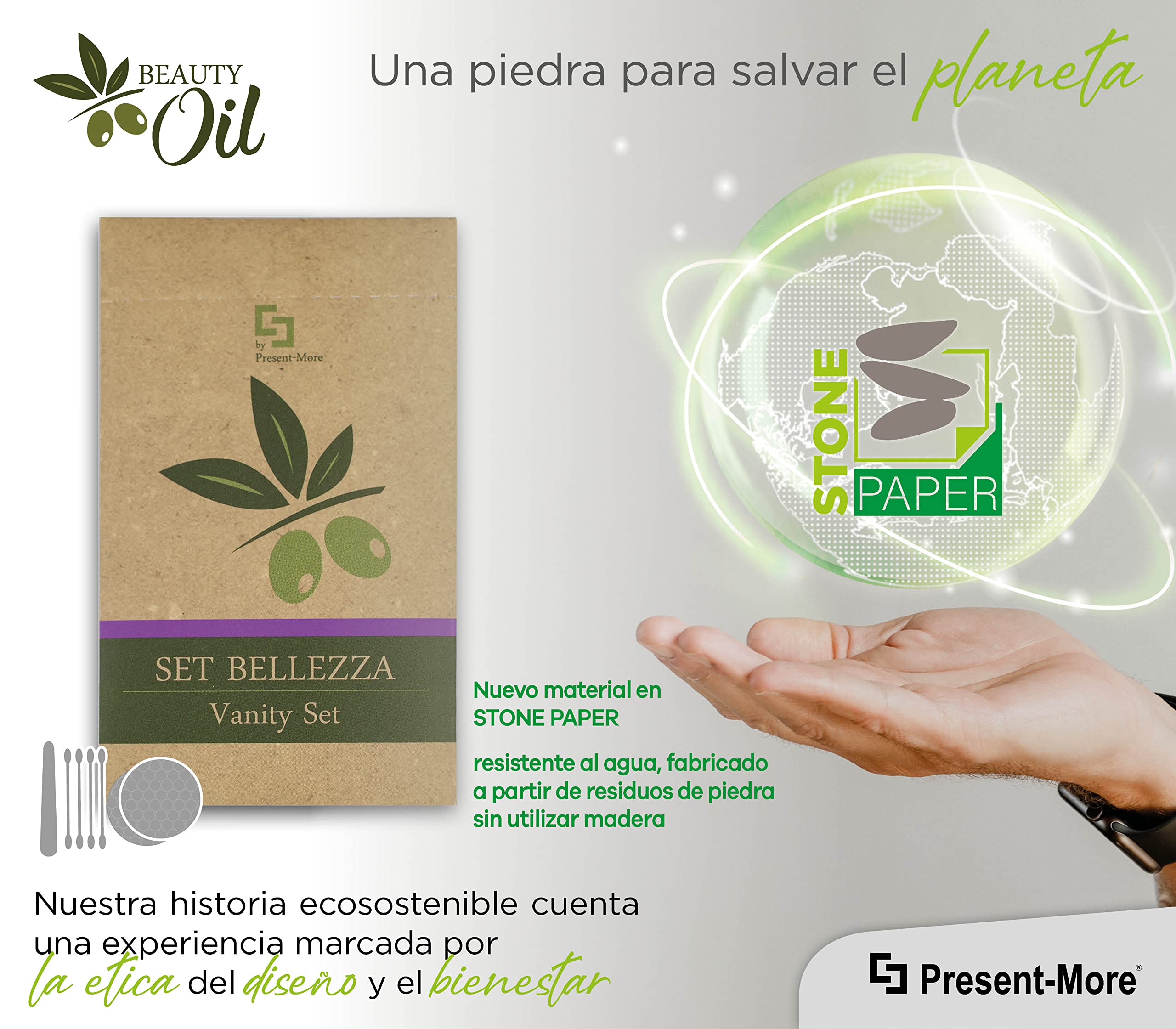 PRESENT-MORE - Vanity Set de 100 piezas - Línea Beauty Oil - Kit con discos desmaquillantes, lima para uñas y algodón Fioc - Embalaje ecológico de Stone Paper - Ideal para hoteles y B&B