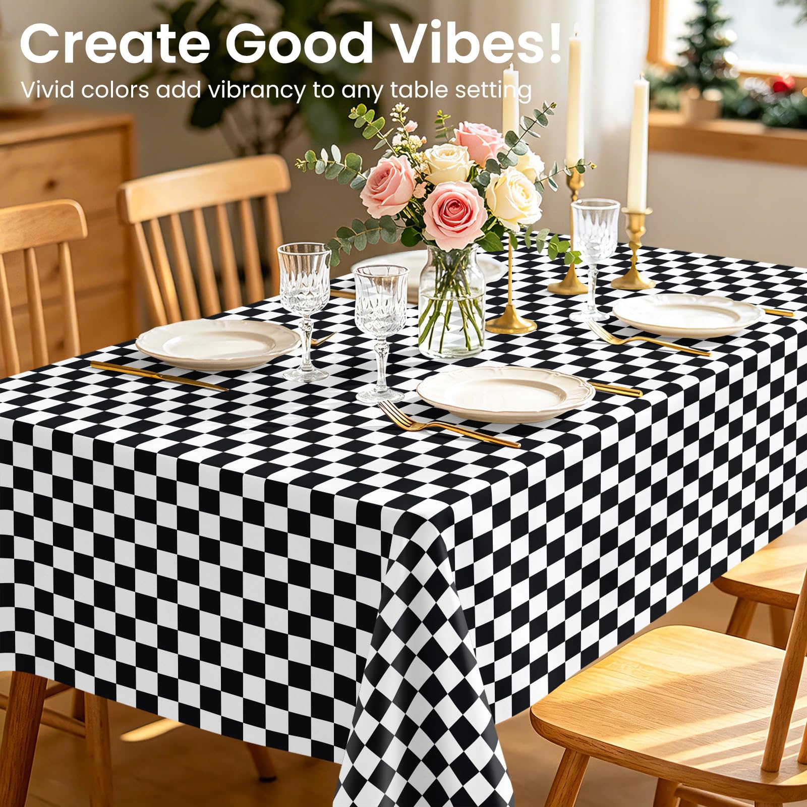 Paquete de 6 manteles a cuadros en blanco y negro, manteles de plástico para fiestas, desechables, 54 x 108 pulgadas, mantel impermeable con bandera a cuadros negros para cumpleaños, fiestas,