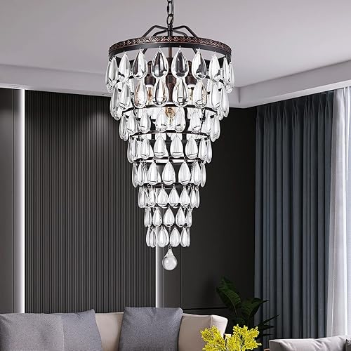 Vinilky Candelabro de cristal, lámpara colgante de granja E12 x 4 base ajustable, cadena ajustable, lámpara de techo de metal vintage para cocina,