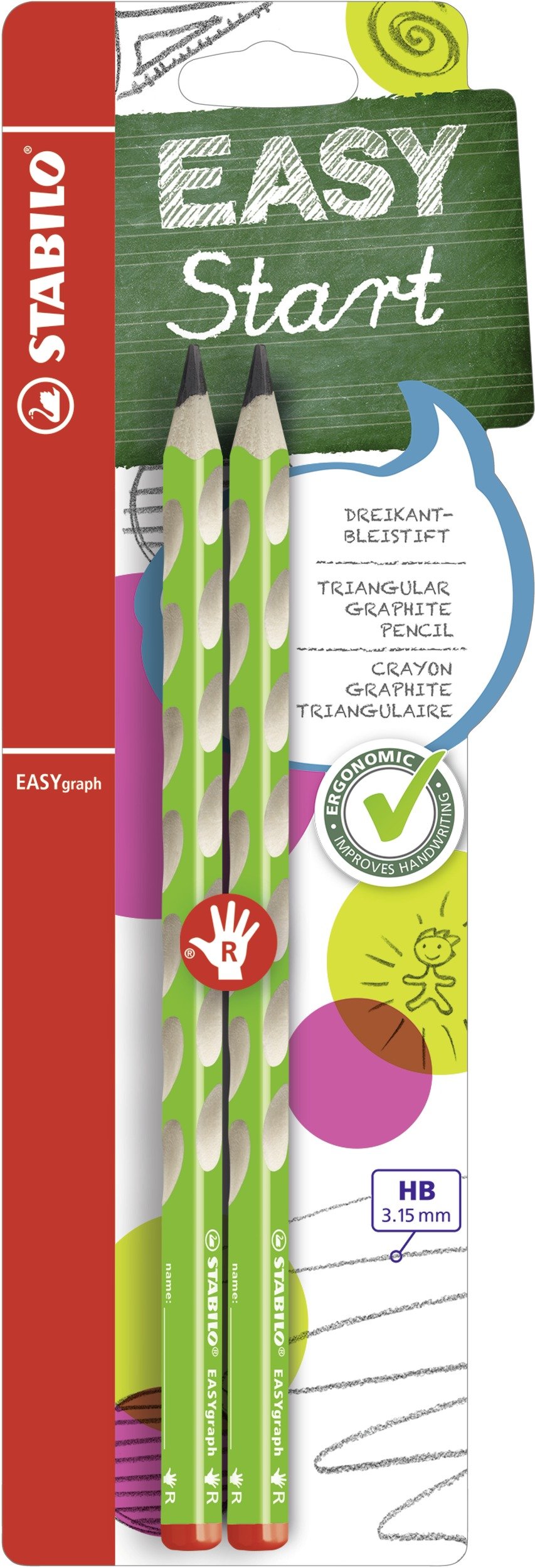 Lápiz de grafito ergonómico STABILO EASYgraph - Blíster con 2 unidades - Color verde - Para diestros