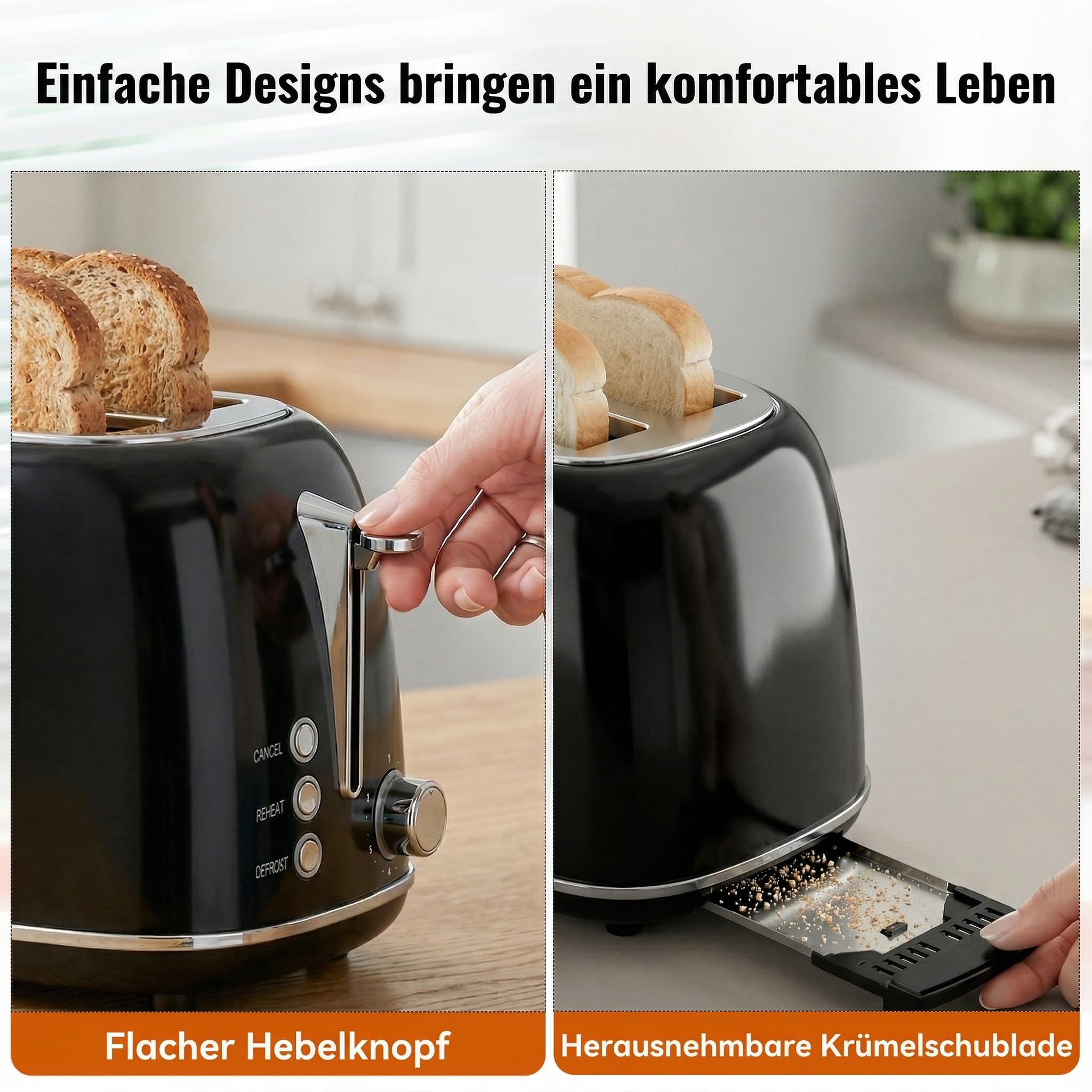 Keenstone Toaster 2 Scheiben, Retro Edelstahl Toaster mit breitem Schlitz, 6 Bräunungsstufen, mit Warmhalterost, Aufwärm- & Auftaufunktion, für Toast und Brot, herausnehmbare Krümelschublade