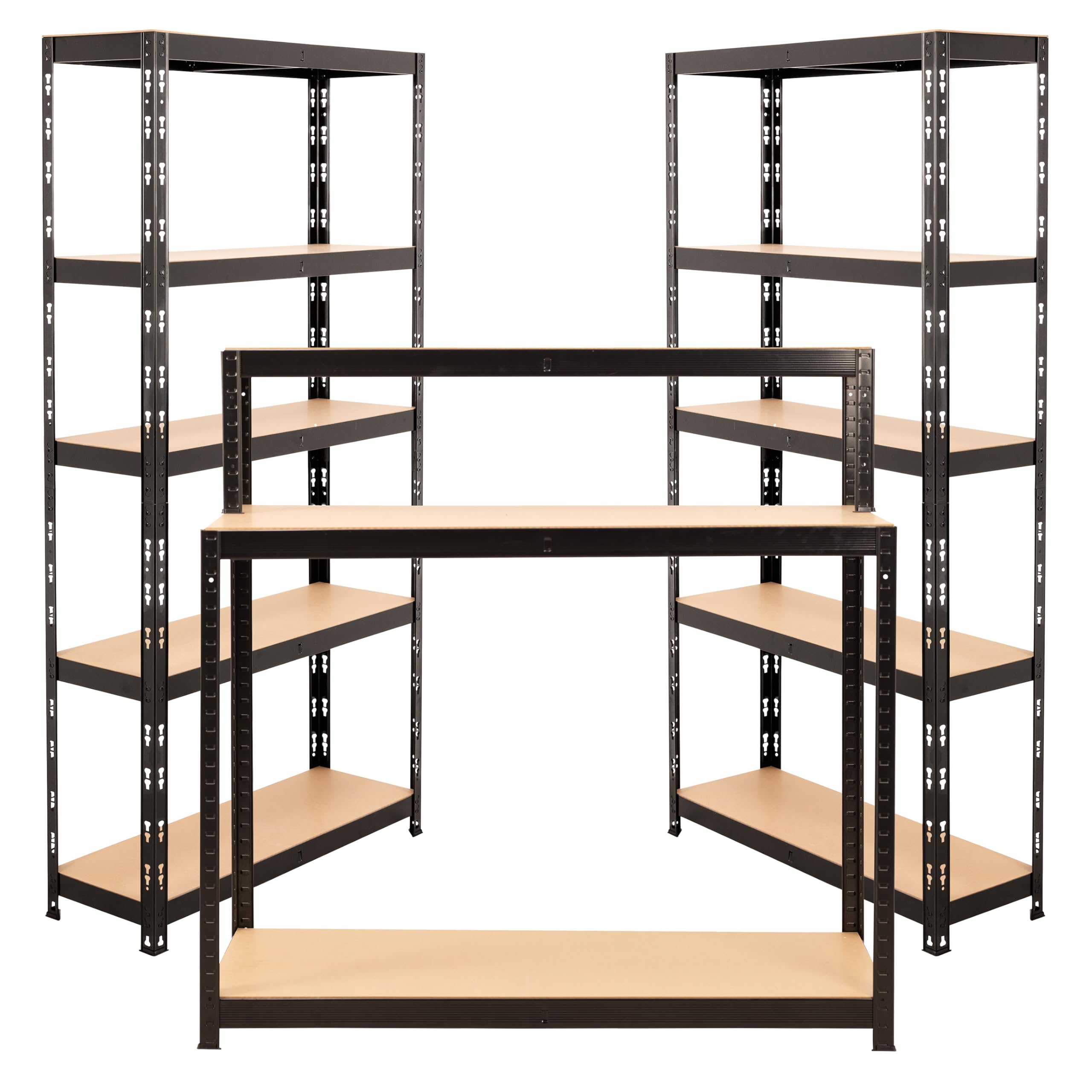 BiGDUG Garage Storage Kit - 2x Shelving Unit & Workstation - 5 Tier Shelves 150kg UDL 1780H x 900W x 300D mm - 300kg UDL Workstation - Matt Black