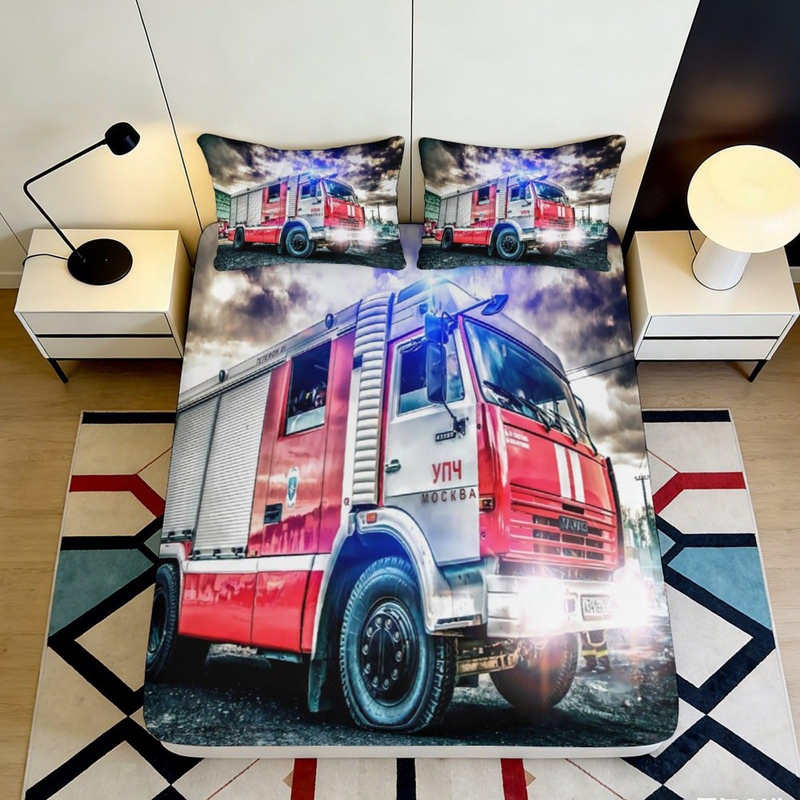 Pnayamiorkfel Style-9 3D Printed Fire Truck Fitted Sheet Microfiber Bedroom Decor Red Emergency Vehicle Bed Cover Easy Care 90X200x25cm