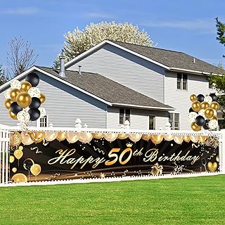 Herefun 50 Anni Compleanno Decorazione, 50 Anni Striscione Compleanno, 50 Anni Compleanno Festa Decorazioni Oro Nero, Festoni Compleanno 50, Backdrop Compleanno per Giardino Tavolo Parete Decorazioni