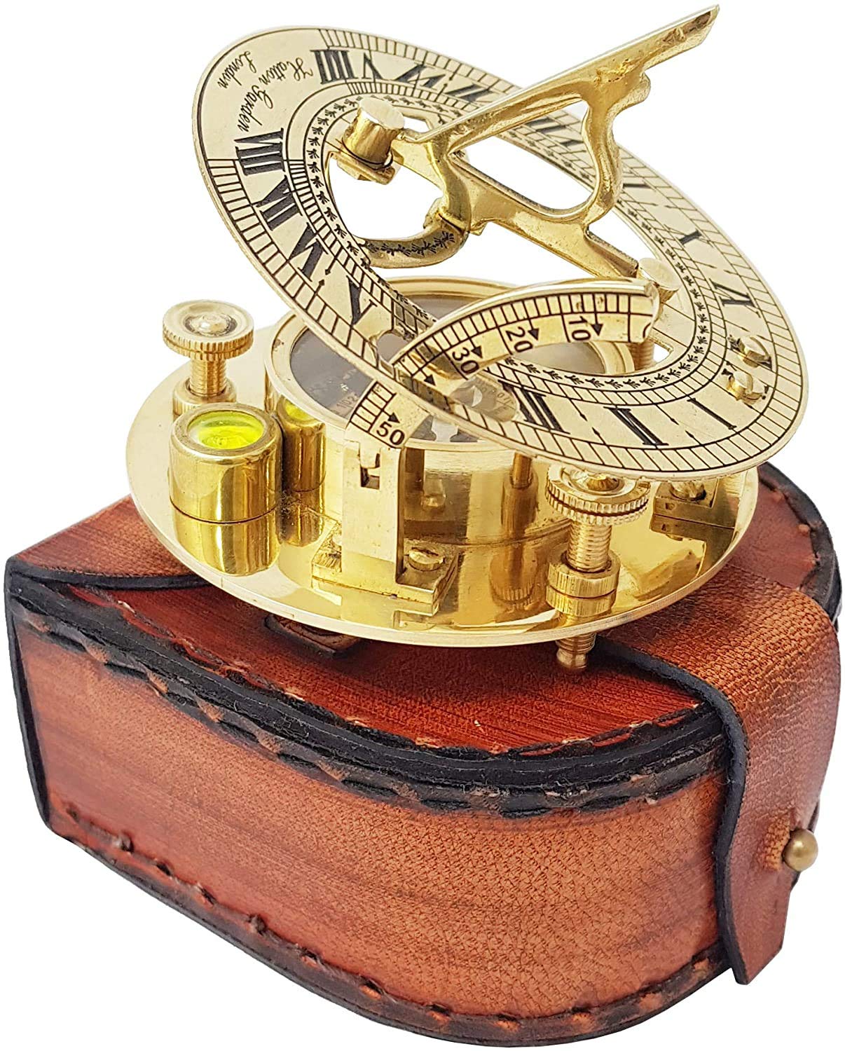 Ganga Nautical Yellow Sundial Compass With Intricate Detailing Comes In An Exquisite Top Grain Leather Case - Premium Sundial Compass