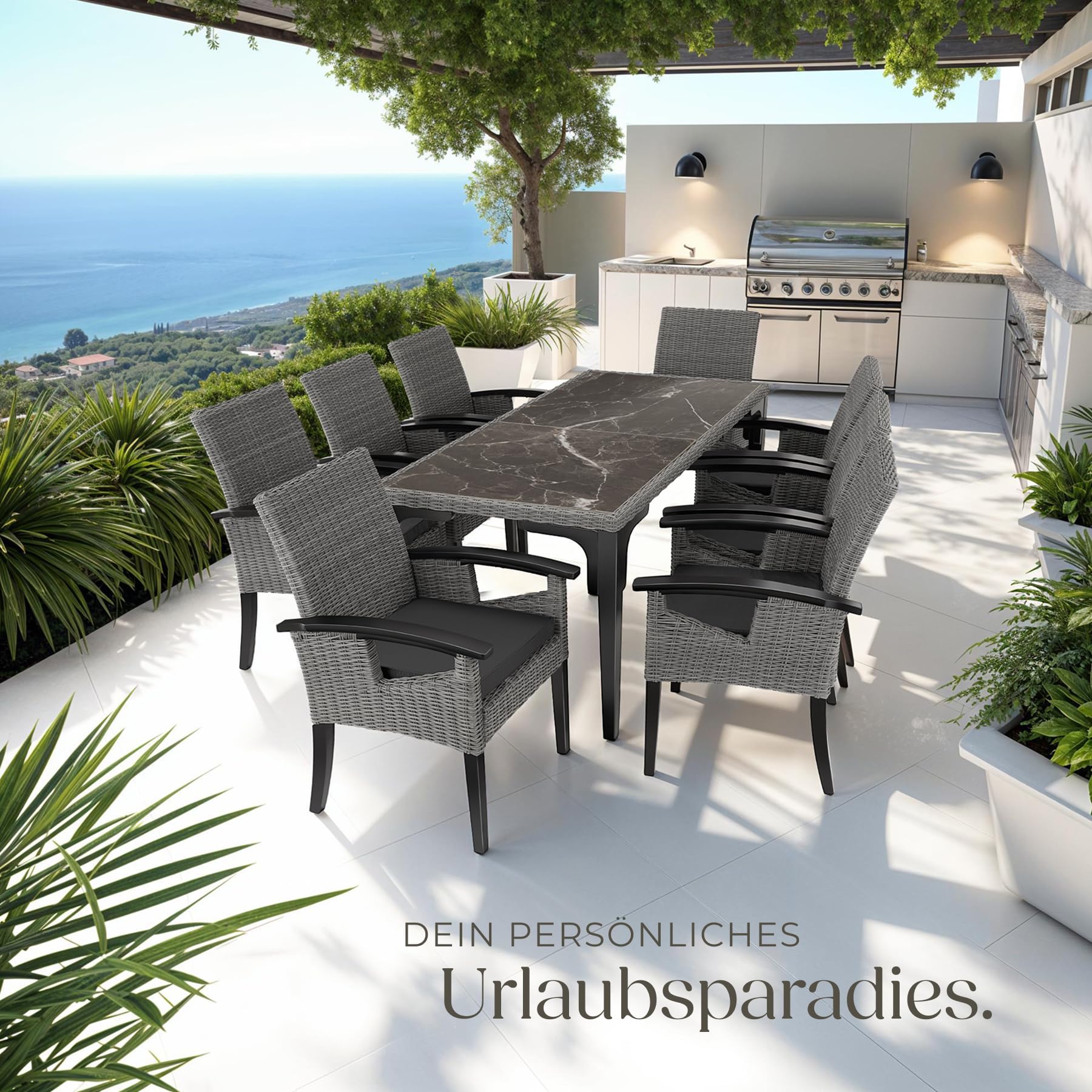 tectake® Rattan Geflecht Stuhl mit Armlehne, Möbel wetterfest für Garten, Terrasse und Balkon, Outdoor Esszimmerstuhl, Sessel, Balkonmöbel, Gartenmöbel, Gartenstühle - grau