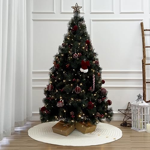 Miniatura 7 de Falda de árbol de Navidad de punto acanalado de 36 pulgadas con botones de roble, color blanco crema