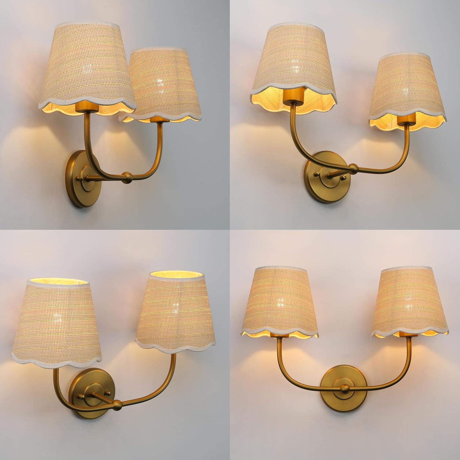 Phansthy Industrial Hardwired Wall Sconce Vintage Farmhouse Wall Light, Boho Brass Finished Wall Lamps with Natural Rattan Woven Lampshade for Bedroom, Living Room (Antique Gold, Two-Light)