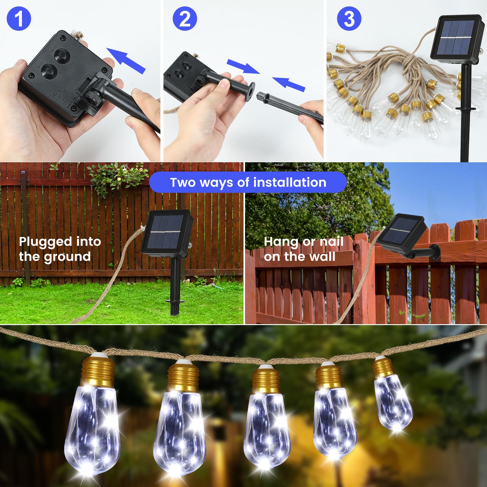 Guirnalda de luces solares para exteriores, cuerda de cáñamo vintage de 24 pies con 20 bombillas inastillables, impermeables, 8 modos de luces solares para patio, jardín, valla, balcón, camping