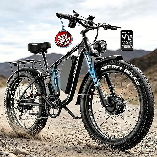 E·Bycco 6000W Peak Dual Motor Electric Bike for Adults, 52V 32AH Battery, Max 45MPH & 100Miles, Full Suspension, Hydraulic Brake, Fat Tire E-Bikes for Men Women