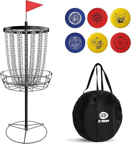 Cesta de golf de disco, resistente de 24 cadenas, objetivo portátil con 6 discos de golf de disco y bolsa de tránsito