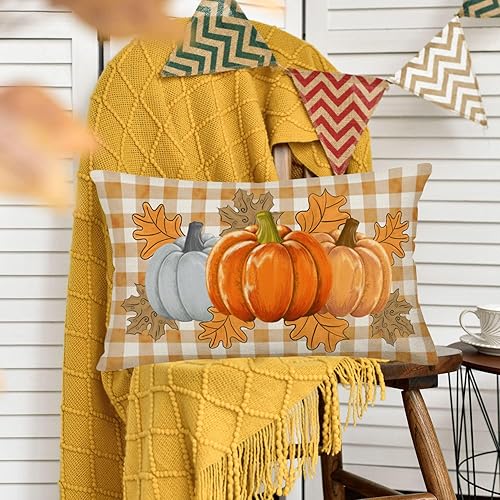 Miniatura 3 de Fukeen Funda de almohada de 12 x 20 pulgadas con diseño de calabaza y hojas de arce de búfalo naranja, decoración de otoño, fundas de almohada