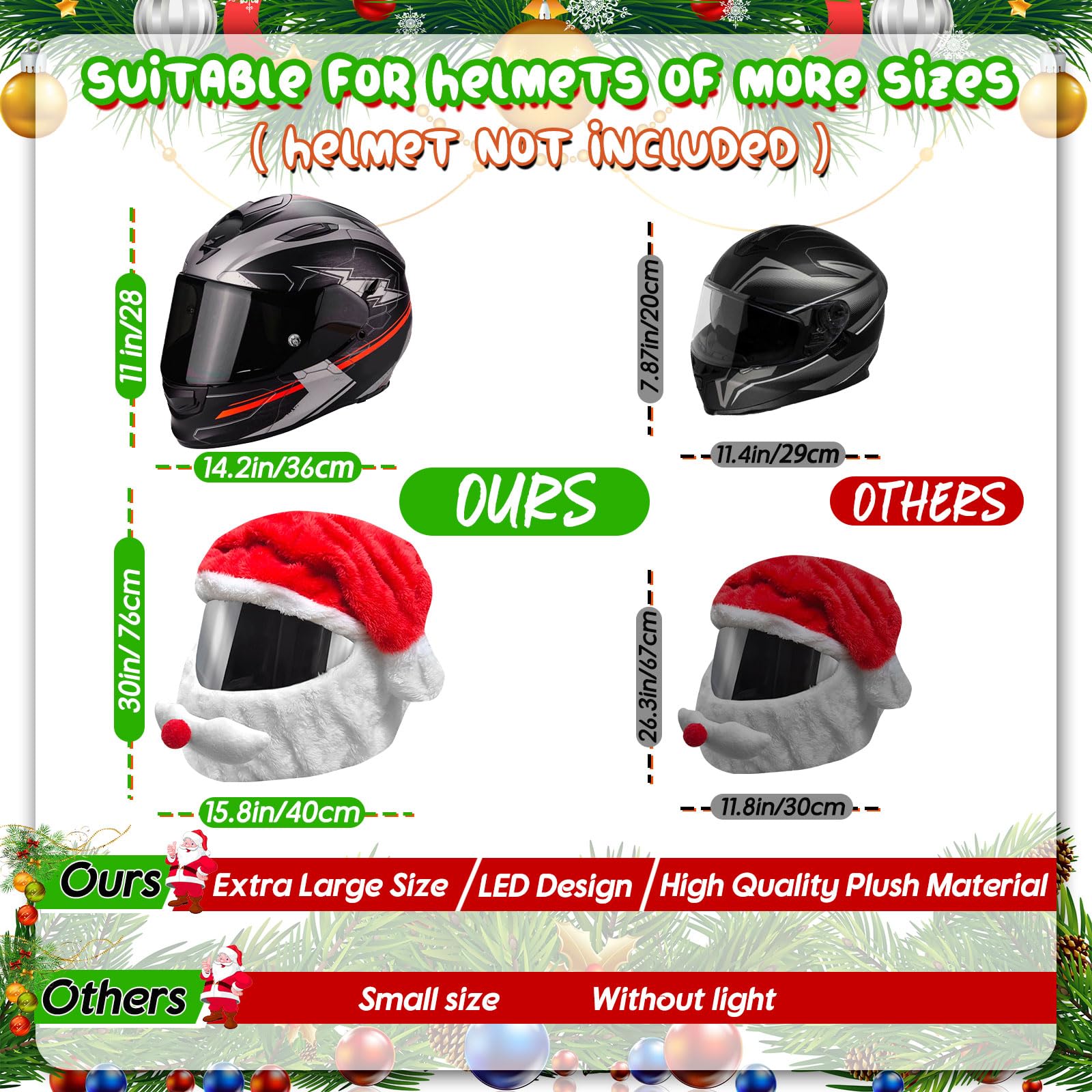 krishome Extra Large Christmas Santa Couverture de Casque de Moto Light Up décoration de Chapeau 28 x 15,8 in,Chapeau de Noël accessoires avec lumière pour hommes femmes, manèges amusants et cadeaux