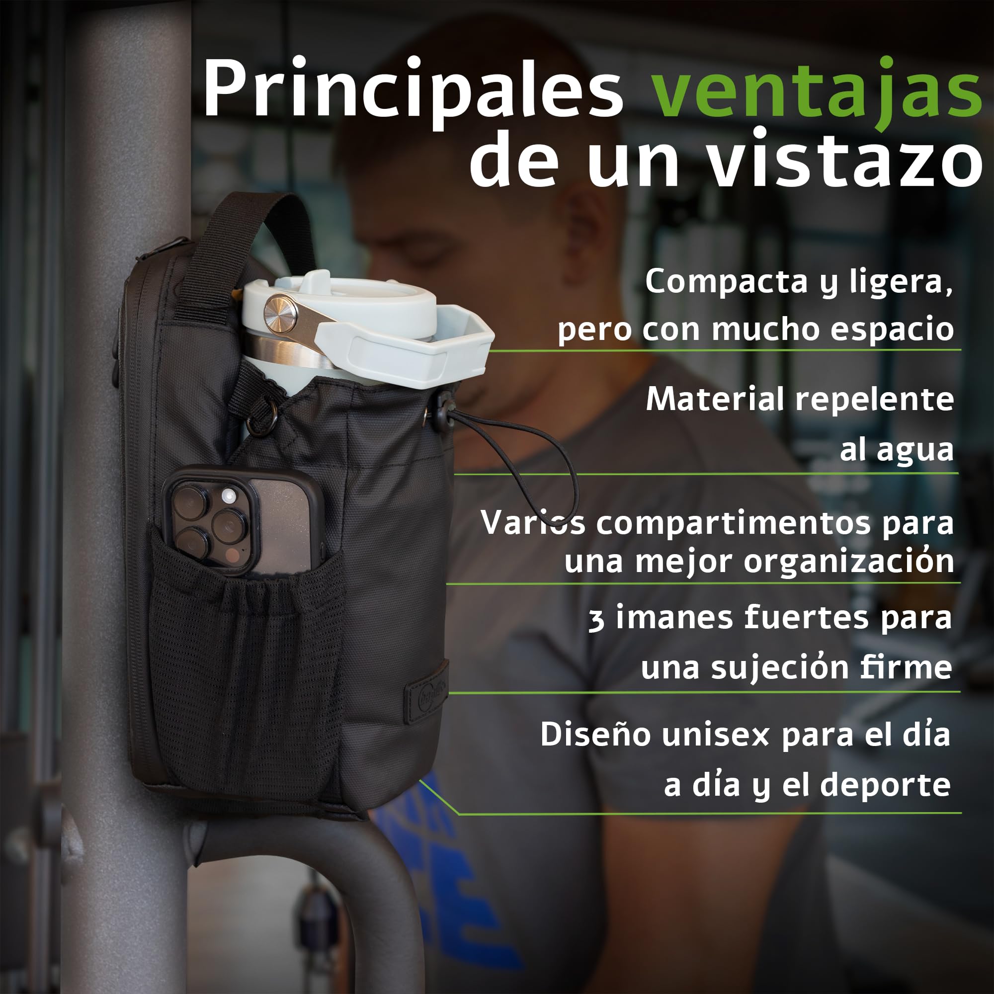 Bolsa Deportiva Magnética para Gimnasio con Soporte para Botella 1,5 L, Correa Ajustable, Negro
