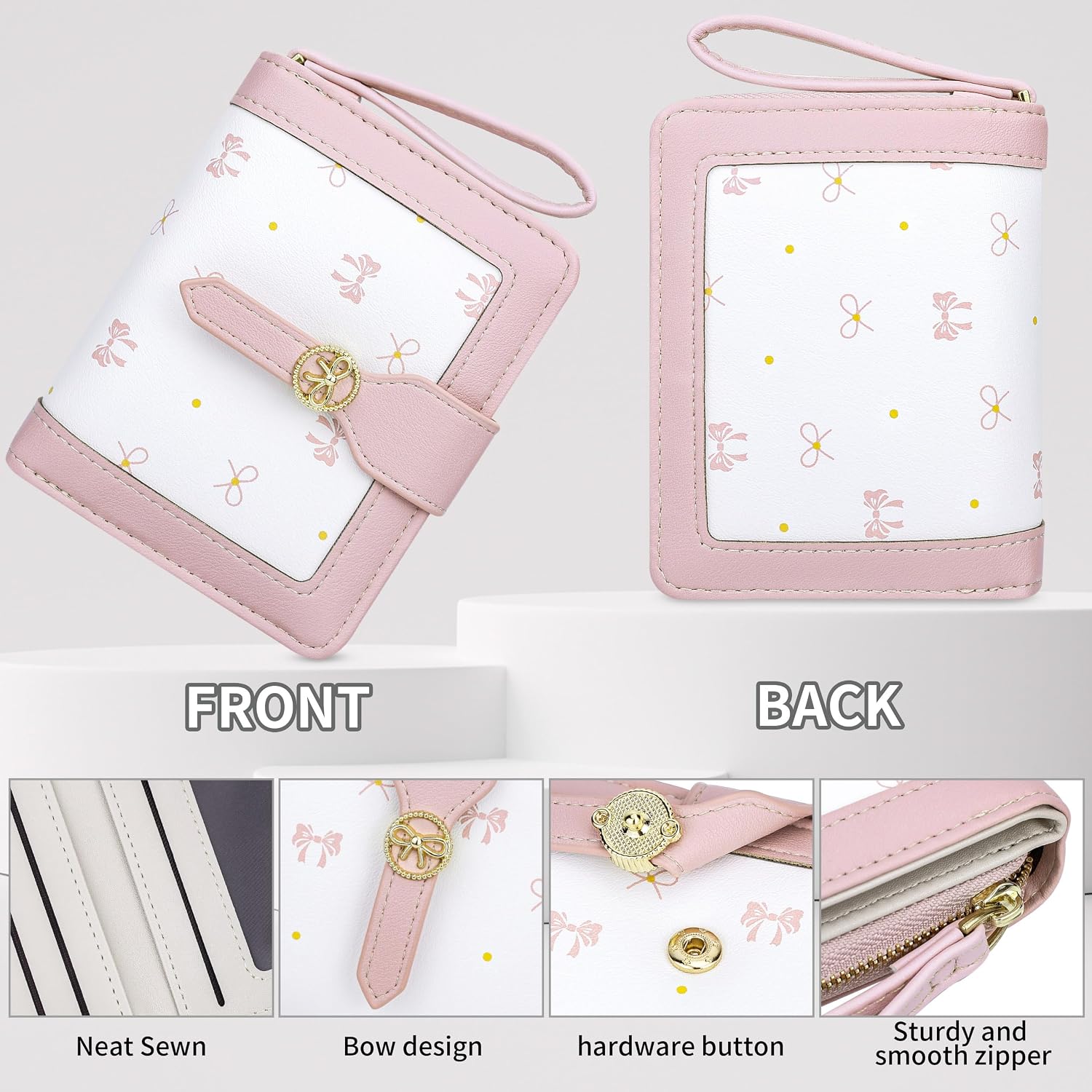 Farcauo Cute Pink Small Bow Wallet for Women Bifold Womens Wallets Minimalist Ladies Purse with Bow Design Mini Kawaii Coin Purse with ID Window