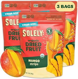 SOLELY - Organic Dried Mango Strips (12 oz Resealable Bags, Pack of 3) - Real Fresh Fruit - 1 Ingredient - Healthy Snacks for Adults & Kids - Non GMO, Vegan Snacks, Shelf Stable - 3 Bags (36 oz)