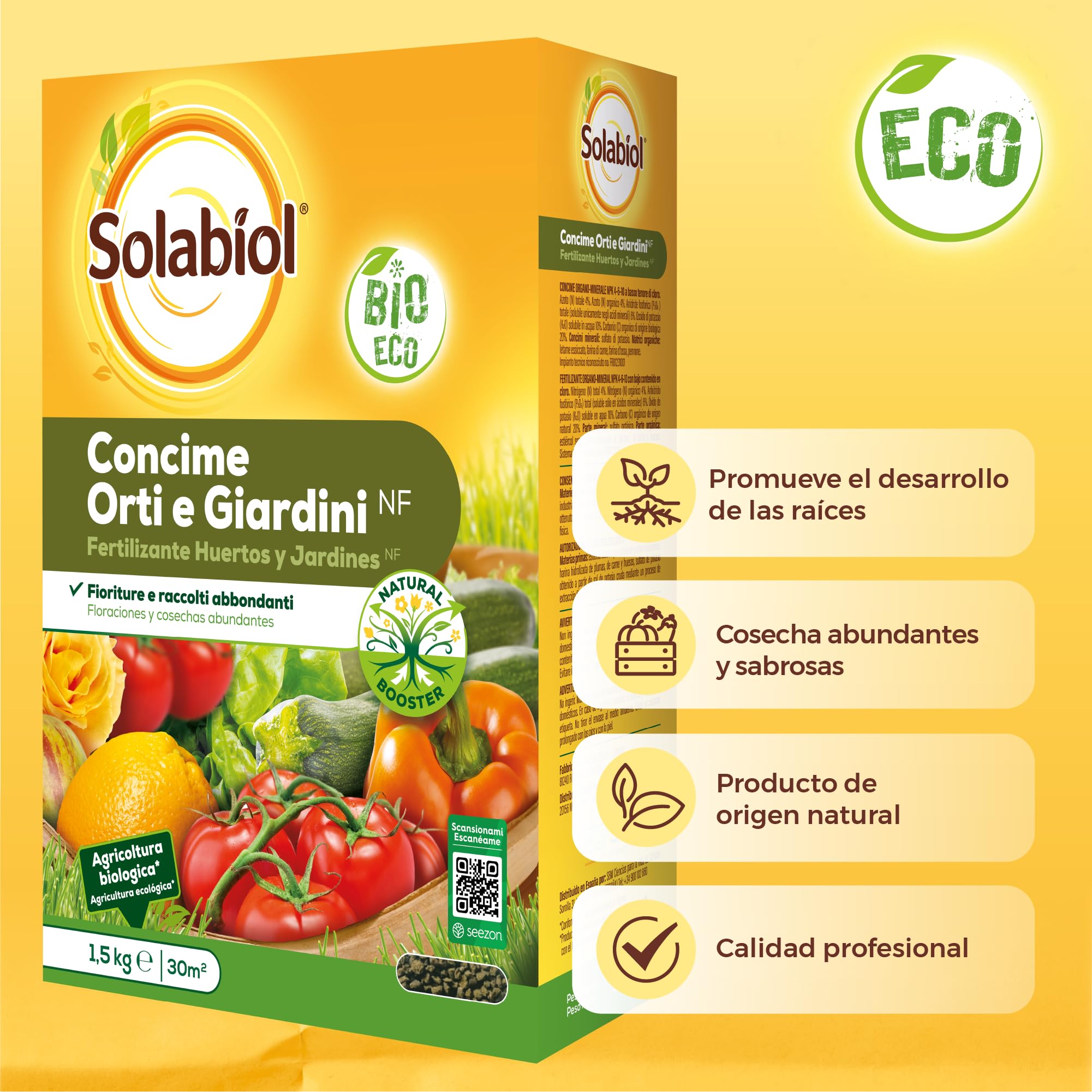 Solabiol Abono para huerto, 100% orgánico con estimulador radicular para una mejora de la cosecha, amarillo