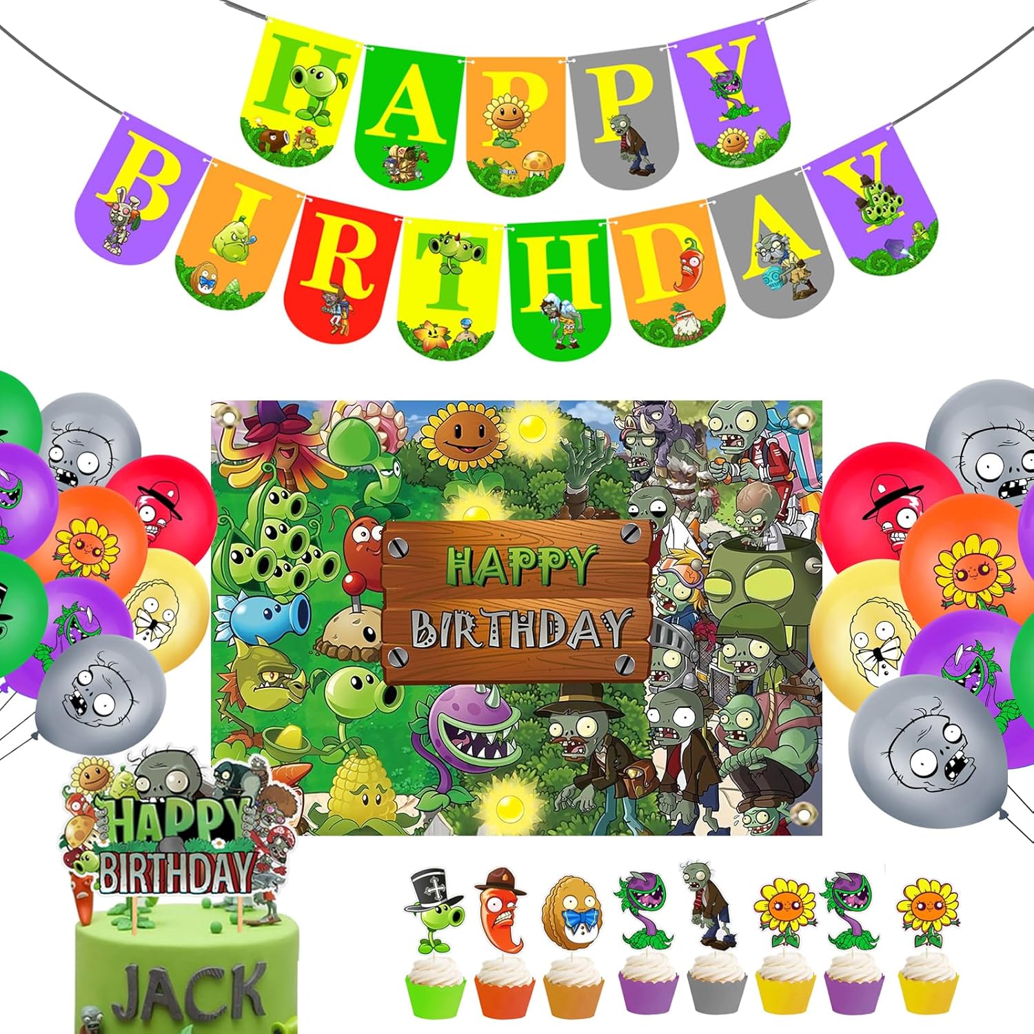 Plants Game Theme Birthday Party Supplies Decoration Kit with Happy Birthday Zombies Banners, Cake-Cupcake Topper, Balloons for Kids Boys Game Players PVZ Party Decor