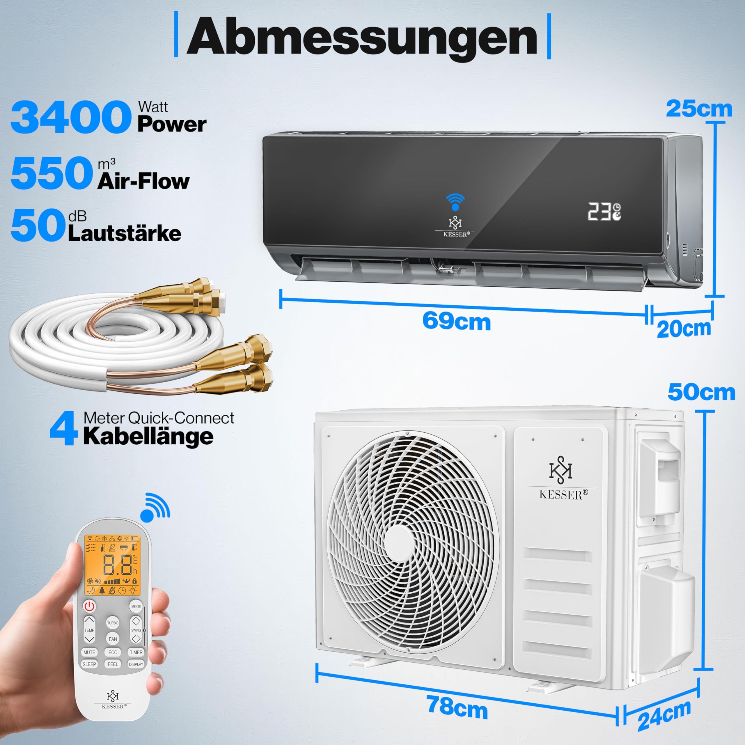 KESSER® Climatiseur Split Quick Connect - WiFi & App - Climatiseur avec fonction chauffage et mode refroidissement - Climatiseur mural - Avec câble en cuivre 12000 BTU 3,4 kW - Réfrigérant R32