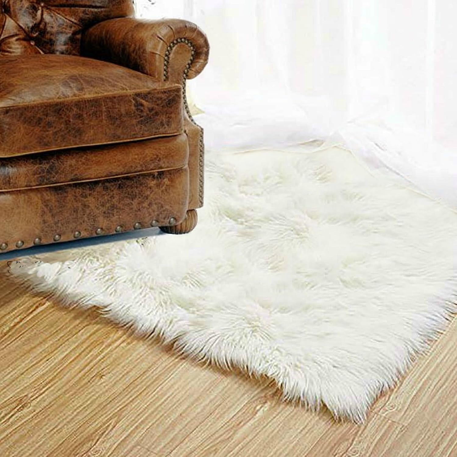 White Shag Area Rug - Faux Sheepskin - 100% Animal Friendly Faux Fur - Irregular Edge Rectangle - Fur Accents USA (5'X6')