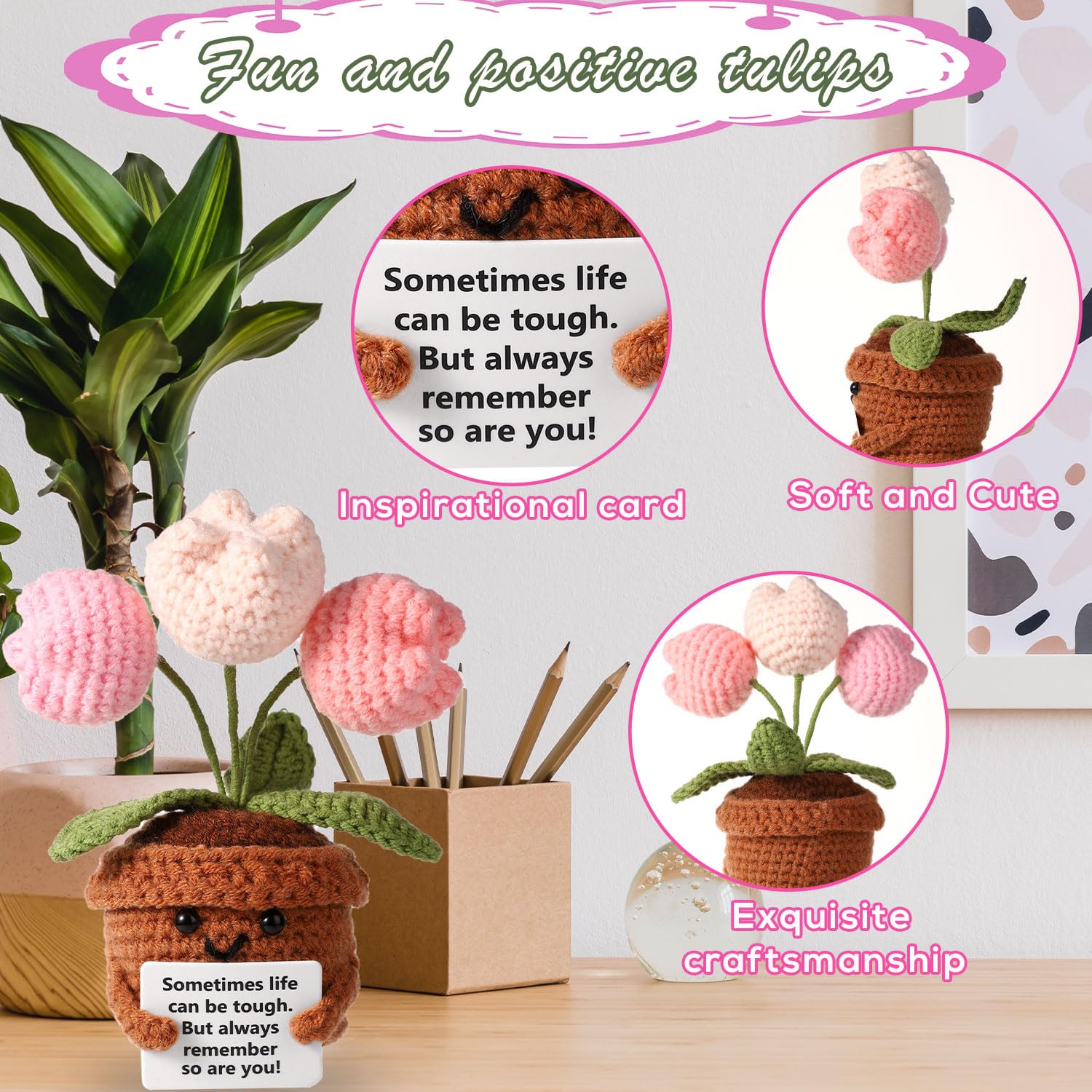 Positive Tulip Mini Funny Doll - Emotional Potato Support Knitted Plant - Inspirational Crochet Flowers - Cheer up Motivational Gifts for Men Women Encouragement - Image 3