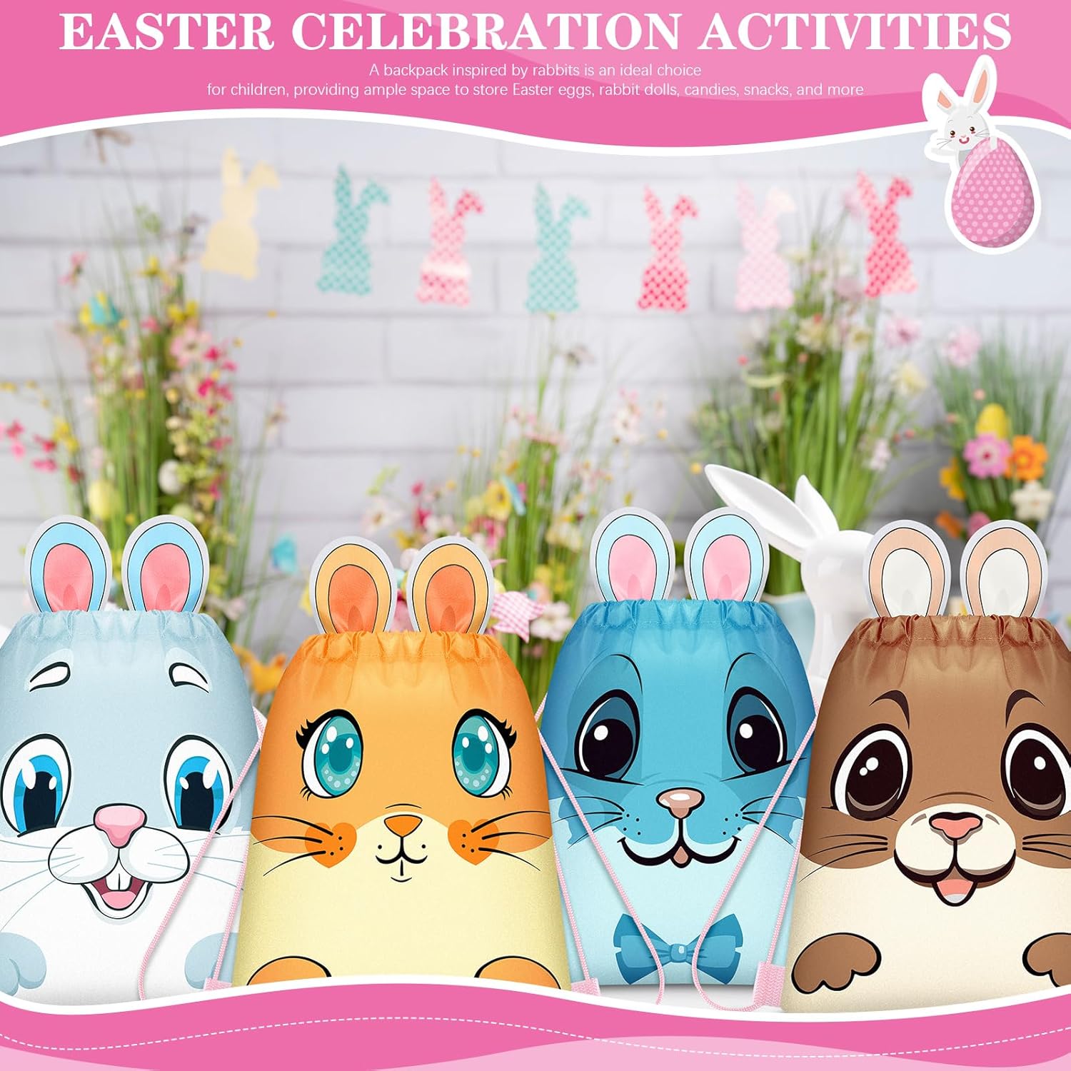 SilTriangle 36 Pcs Easter Drawstring Backpack Bags Cute Reusable Bunny Egg Chick Gift Backpack for Easter Spring Birthday Egg Hunt Party Favor Supplies, 10 x 12 Inches