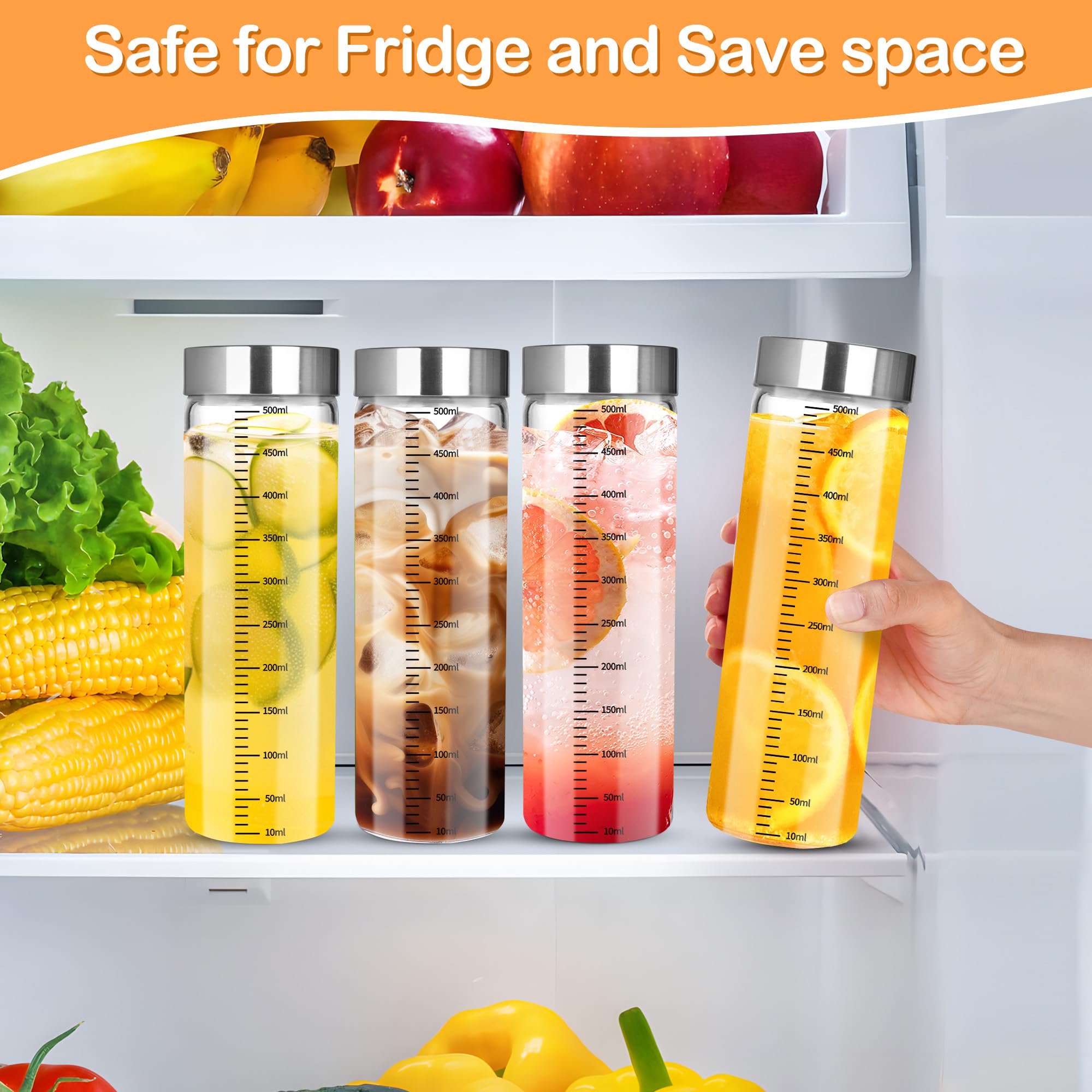 Lot de 4 bouteilles en verre graduées de 500 ml, gobelets à smoothie avec couvercle en acier inoxydable, bouteilles d'eau en verre réutilisables, adaptées aux smoothies, jus, lait, café