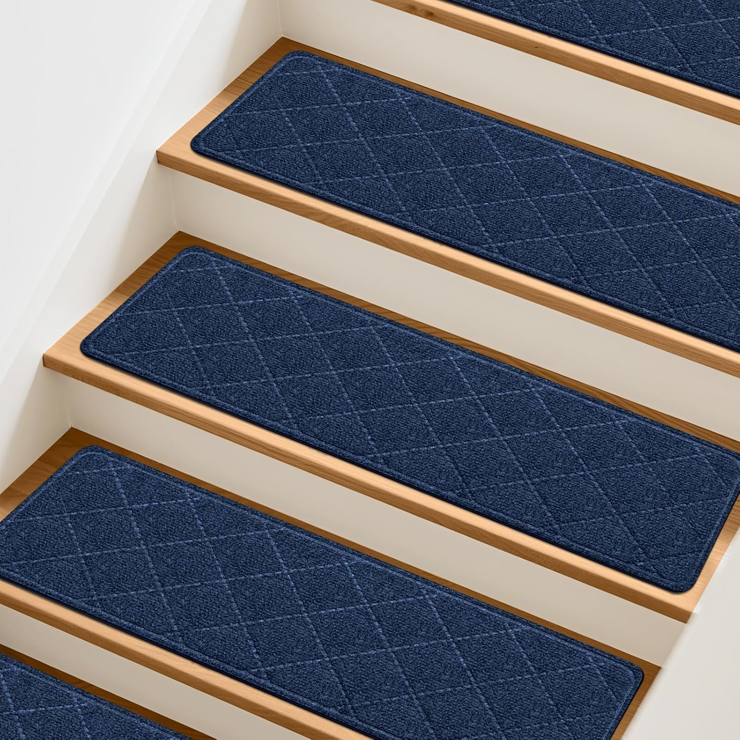 Stair Treads Non-Slip for Wooden Steps, 4Pack - 8" x 30" Edging Stair Runner Indoor for Kids Elders & Pets, Washable Carpet Stair Treads with Peel & Stick Reusable TPE Backing, Blue