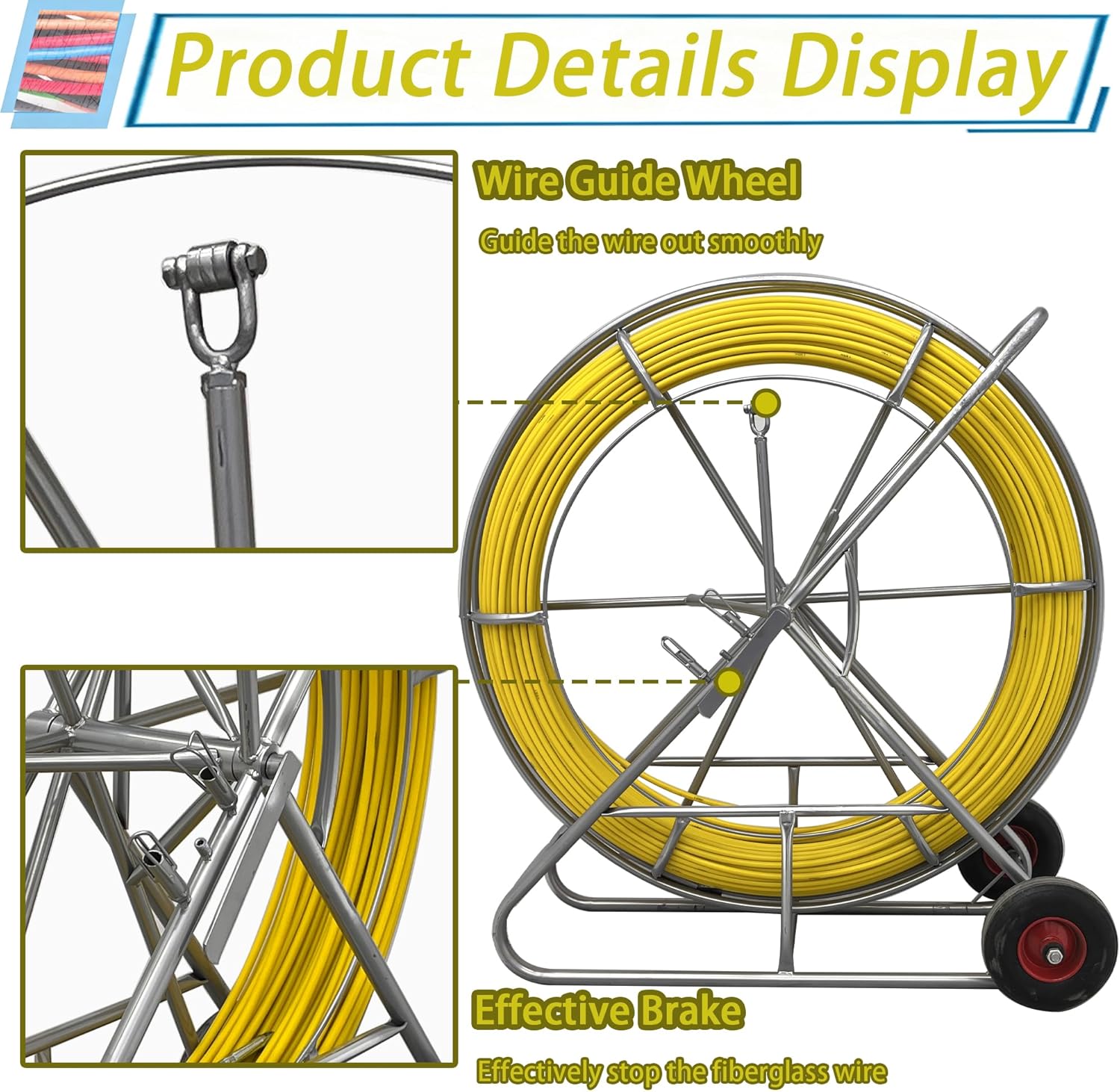 Fiberglass Fish Tape, Duct Rodder Wire Puller with Steel Reel Stand & Brake, High Tensile Strength Cable Running Rod 12mmx250m for Electrical Conduit, Pipeline Cleaning & Telecom Wire Laying