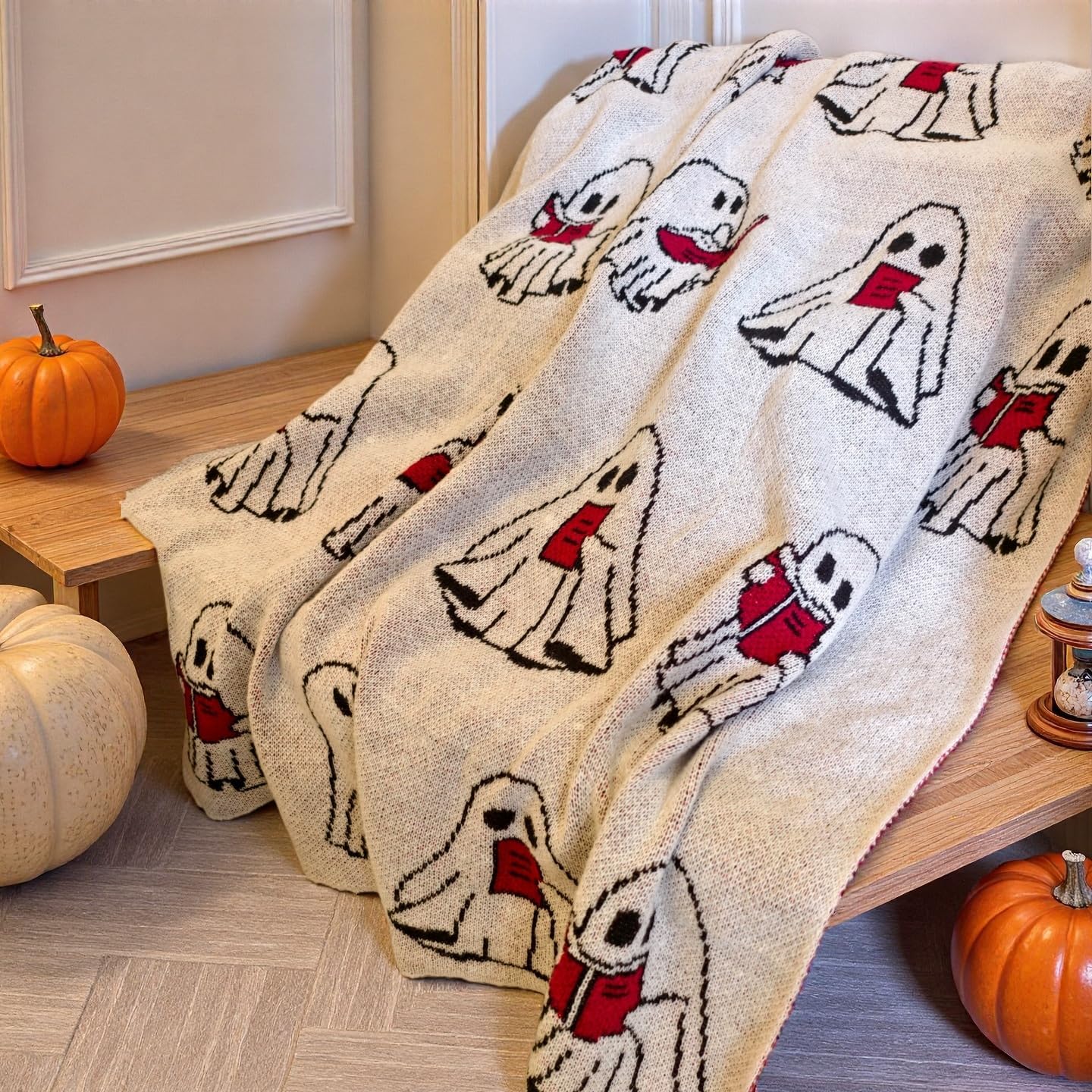 Ghost Reading Blanket, Cute Knitted Throw for Halloween, 50x60'' Cozy Ghost Reading a Book Blanket for Home, Office & Sofa, Soft Fall Spooky Gift