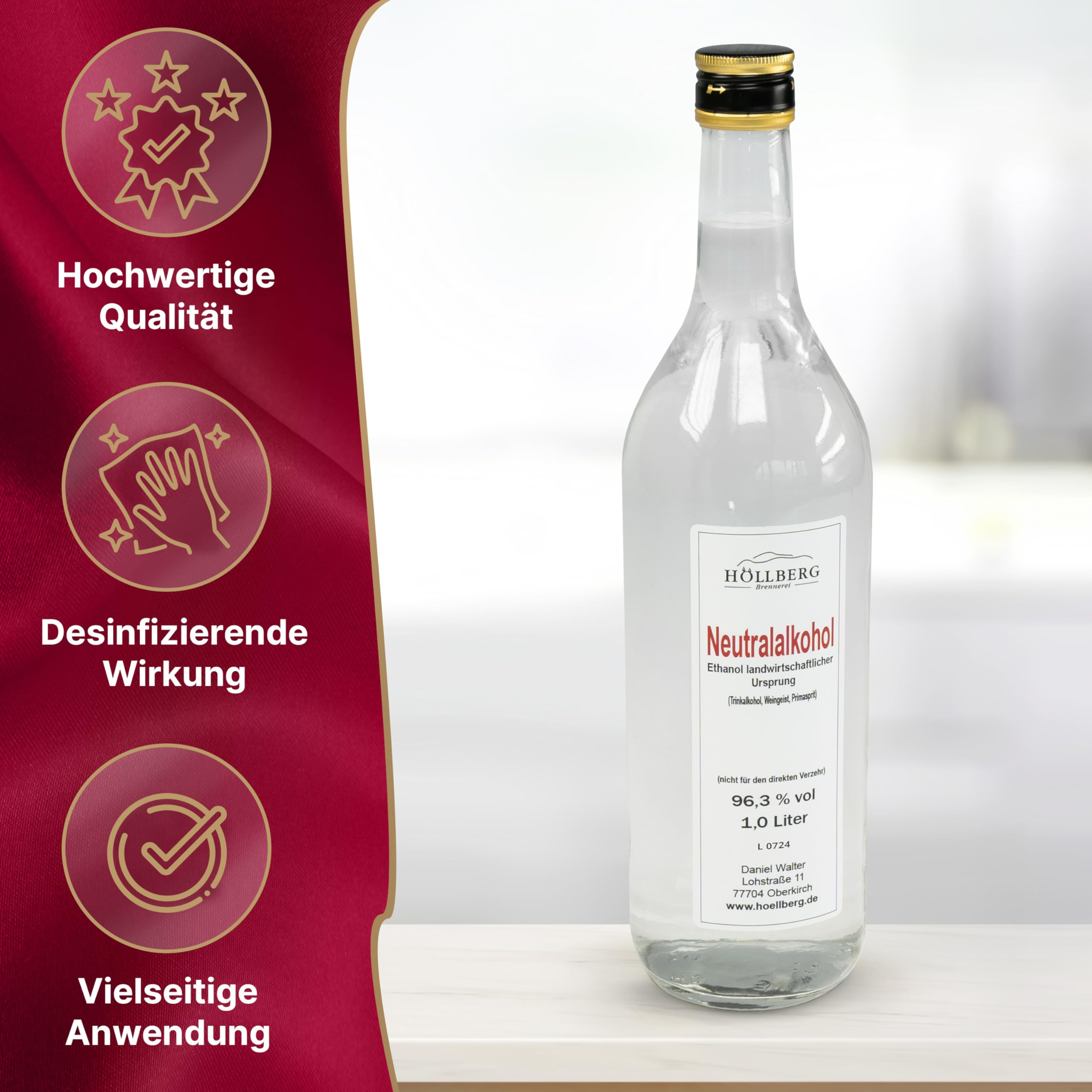 Neutralalkohol Weingeist Primasprit Ethanol 96,3% – Reiner Alkohol & Spiritus 1L – Trinkalkohol, Alcohol, Alko