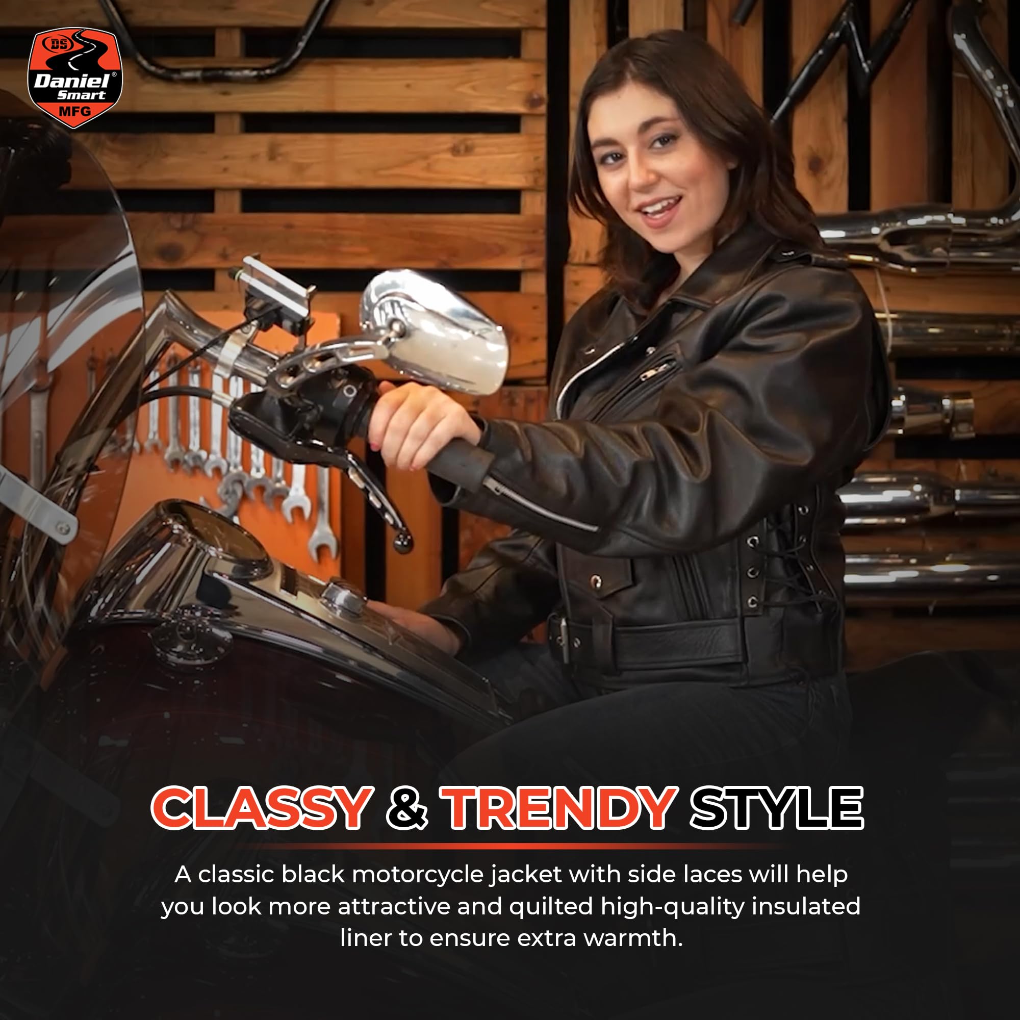 Daniel Smart Womens Motorcycle Jacket Real Cowhide Leather Bikers Jacket with Side Laces Zip-out Liner — view 7