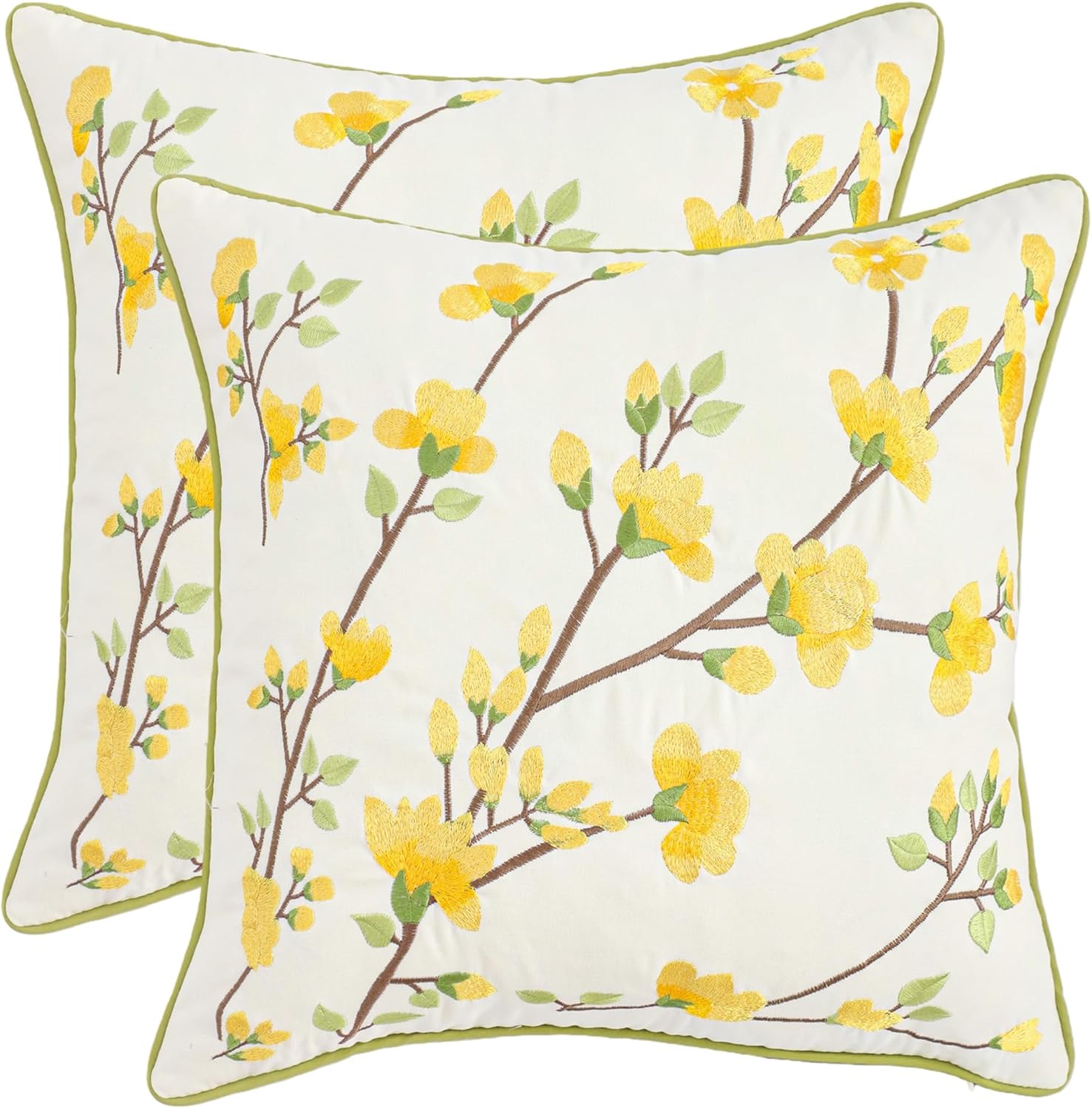 LUOYEHK Embroidered Throw Pillow Covers 18x18 Inch Set of 2 Yellow Retro Flowers Decorative Pillow Covers Spring Summer Flora Pillowcase Cushion Cover for Couch Sofa Bed Home Decor