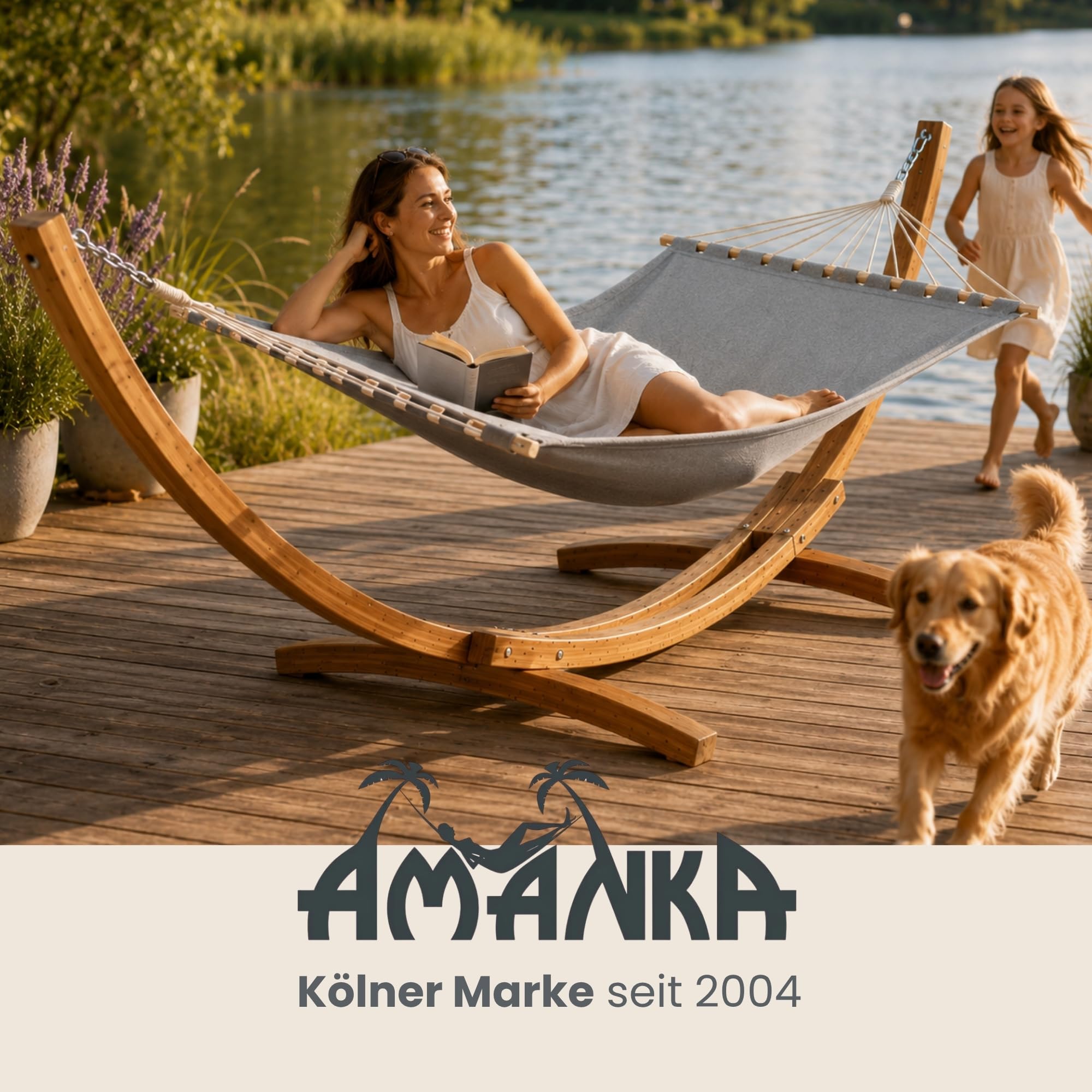 AMANKA XXL Hängematte mit Gestell 325 cm – stabiles Outdoor Hängemattengestell aus Holz mit Grauer Stabhängematte für Zwei Personen – entspanntes Hängemattenset für Garten Balkon oder Terrasse